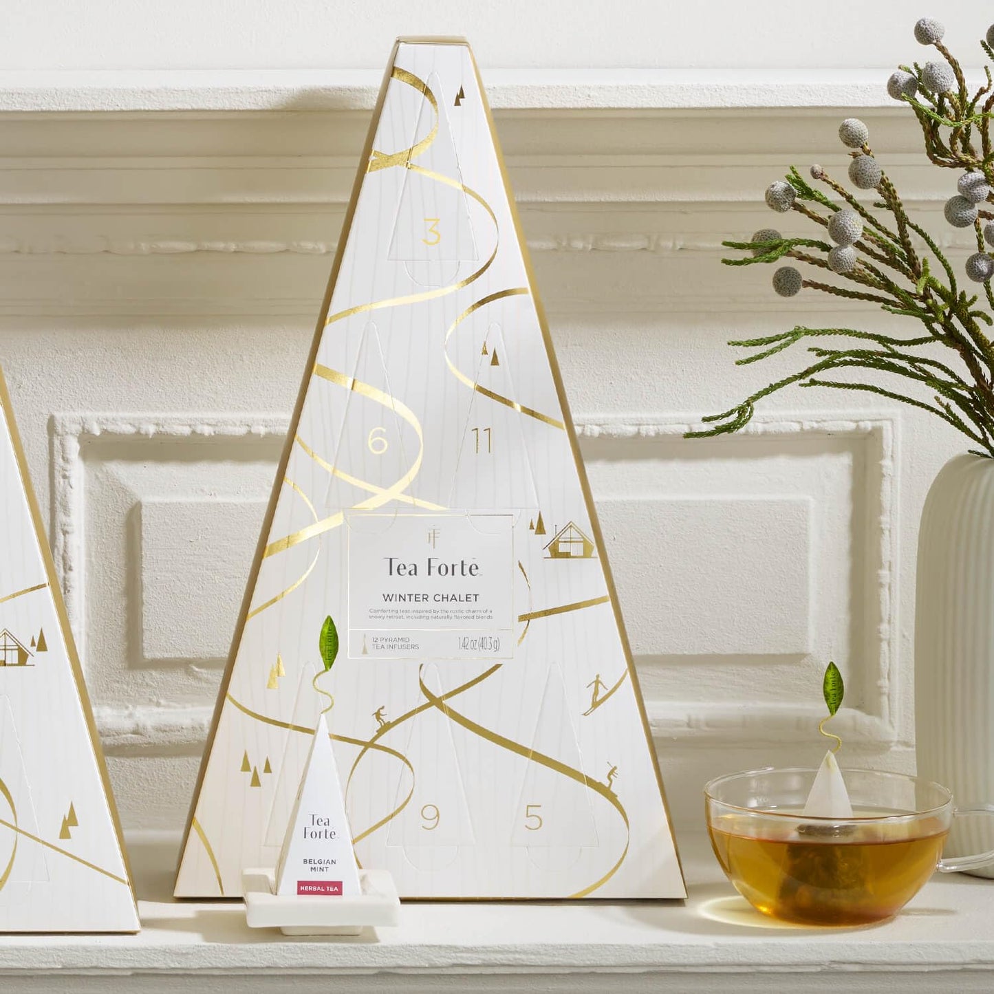Tea Forte Tea Advent Calendar Gift Set; 12 Individually Wrapped Handcrafted Assorted Pyramid Infuser Tea Bags With Numbered Doors, Winter Chalet