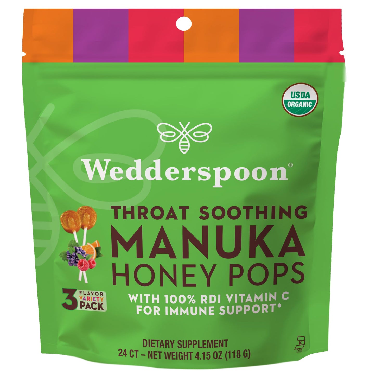 Wedderspoon Organic Manuka Honey Vitamin C Lollipops Variety Pack, 24 Count - No Artificial Flavors Or Dye