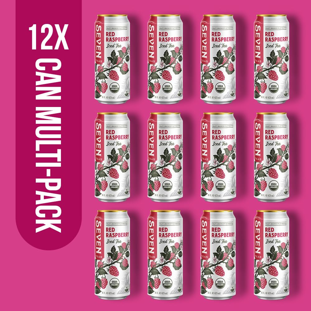 Seven Teas Red Raspberry Iced Tea, Lightly Sweetened, Pack of 12 Cans, 16 OZ