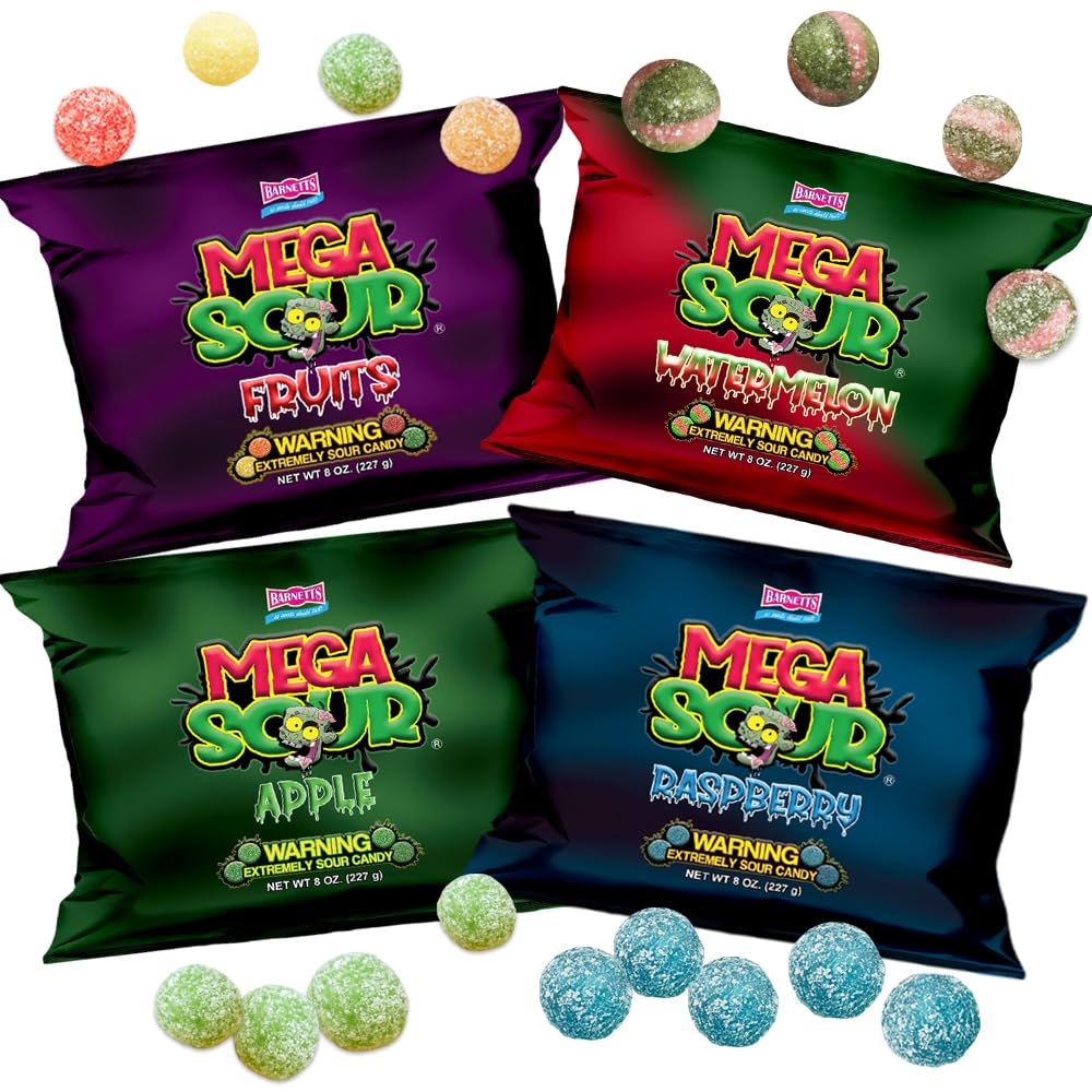 Barnetts Mega Sour Candy 4 Pack - Handmade British Sweets - Raspberry, Apple, Watermelon & Fruits - Gift or Party Treat (227 g x