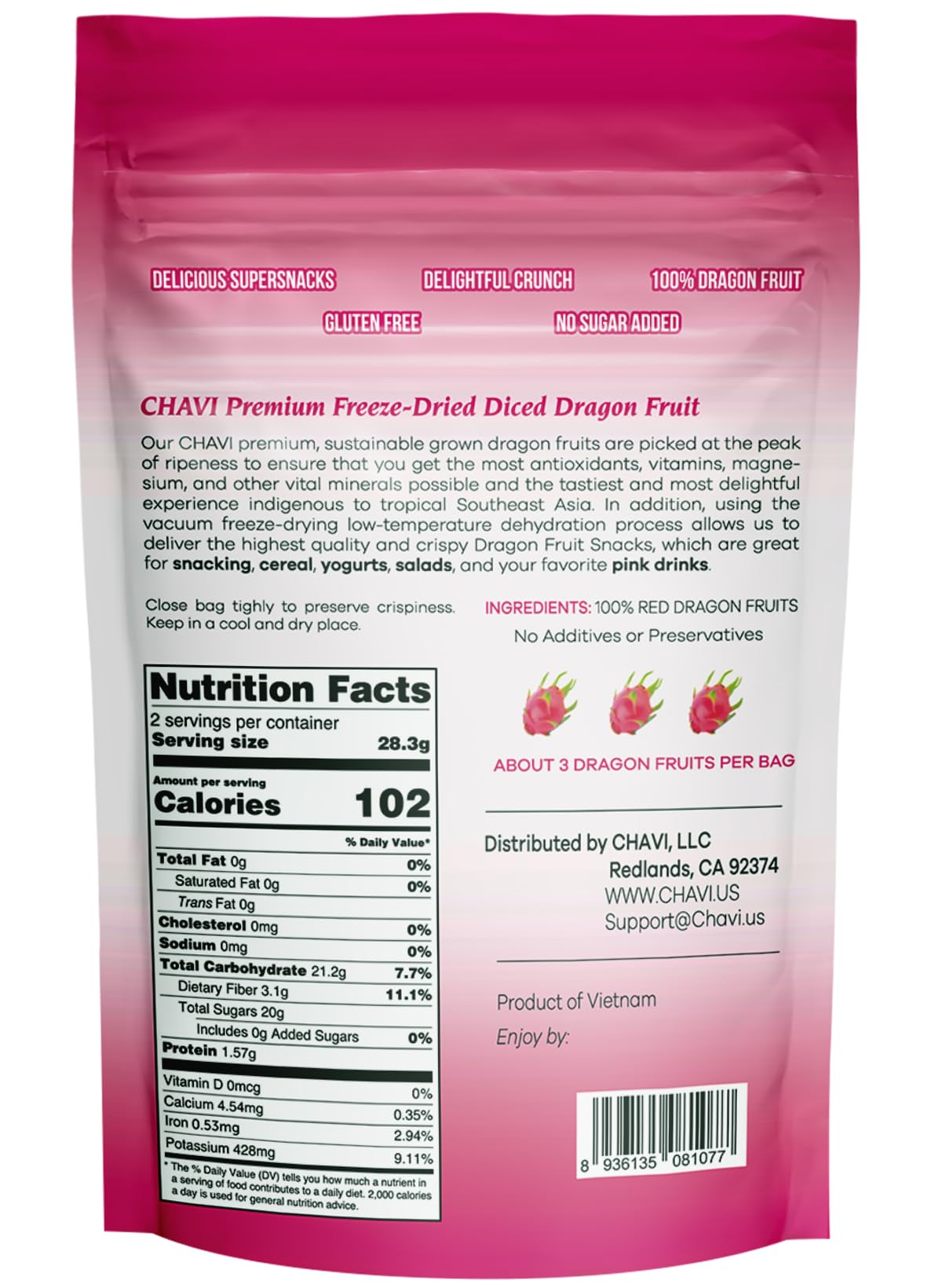 CHAVI Freeze-Dried Diced Dragon Fruit Snack - Non-GMO, Vegan, Gluten-Free - 12 oz (6 x 2 oz Pack)