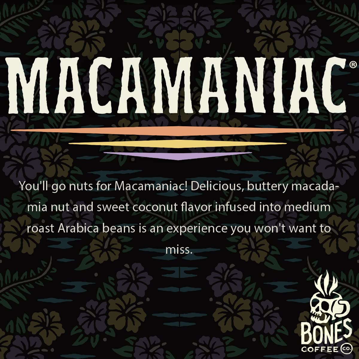 Bones Coffee Company Macamaniac, Macadamia And Coconut Flavored Coffee, Medium Roast Low Acid Arabica Beans Compatible With Auto Drip And French Press Coffee Maker, 12 Oz Ground