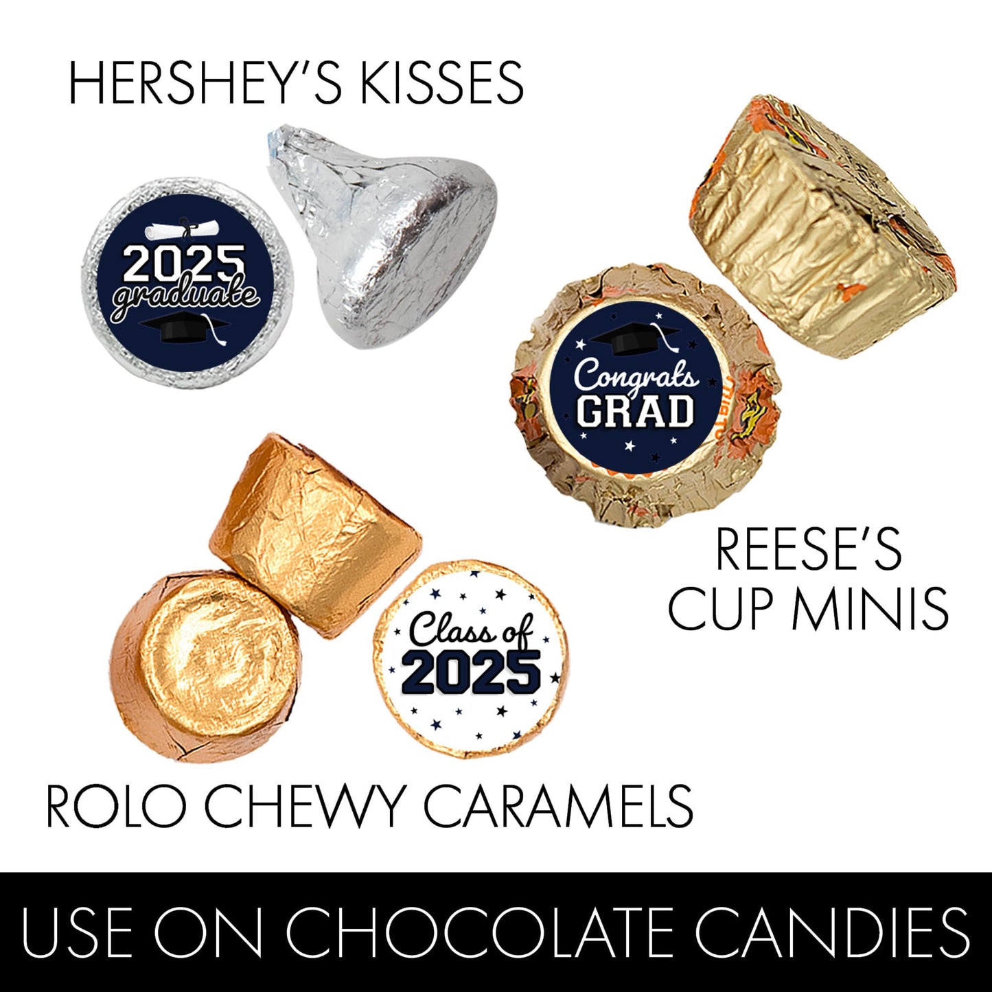 Navy Blue Graduation Party Stickers For Kisses Candy, Chocolate Drops, 2025 Grad Party Favors - 180 Count
