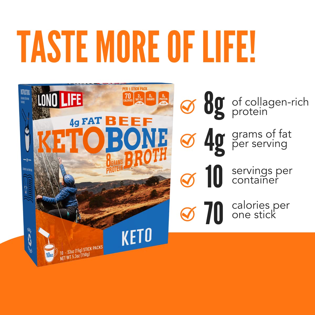 Lonolife - Keto Beef Bone Broth Sticks - 8G Collagen Protein - 4G Fat - Gluten-Free - Keto & Paleo Friendly - Portable Individua