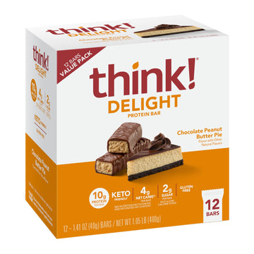 Think! Delight Protein Bars, Gluten Free Snack - Chocolate Peanut Butter Pie, 12 Count (Packaging May Vary)