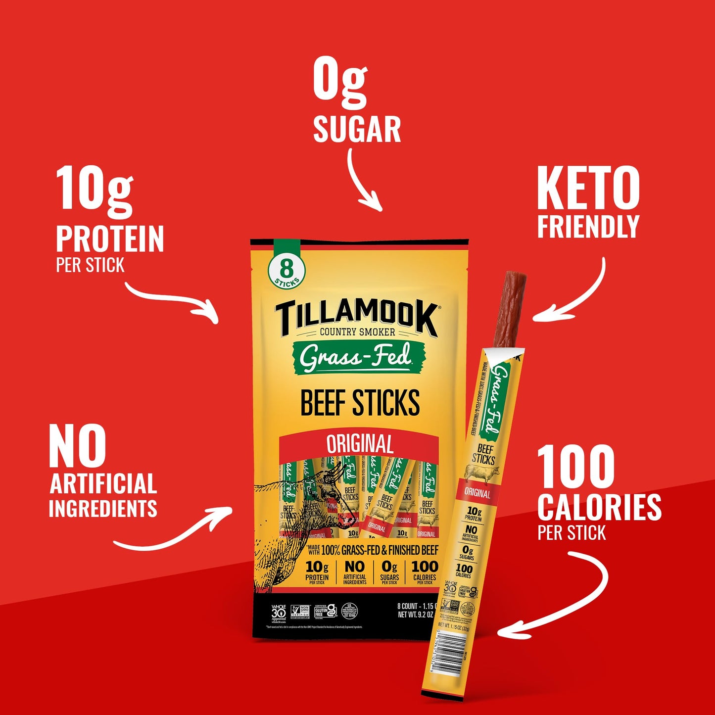 Tillamook Country Smoker 100% Grass Fed Beef Sticks  Zero Sugar  Original  1.15 Ounce (Pack of 8) Whole 30 Approved  Non GMO Clean Meat Snacks  High Protein  Gluten Free  Individually Wrapped