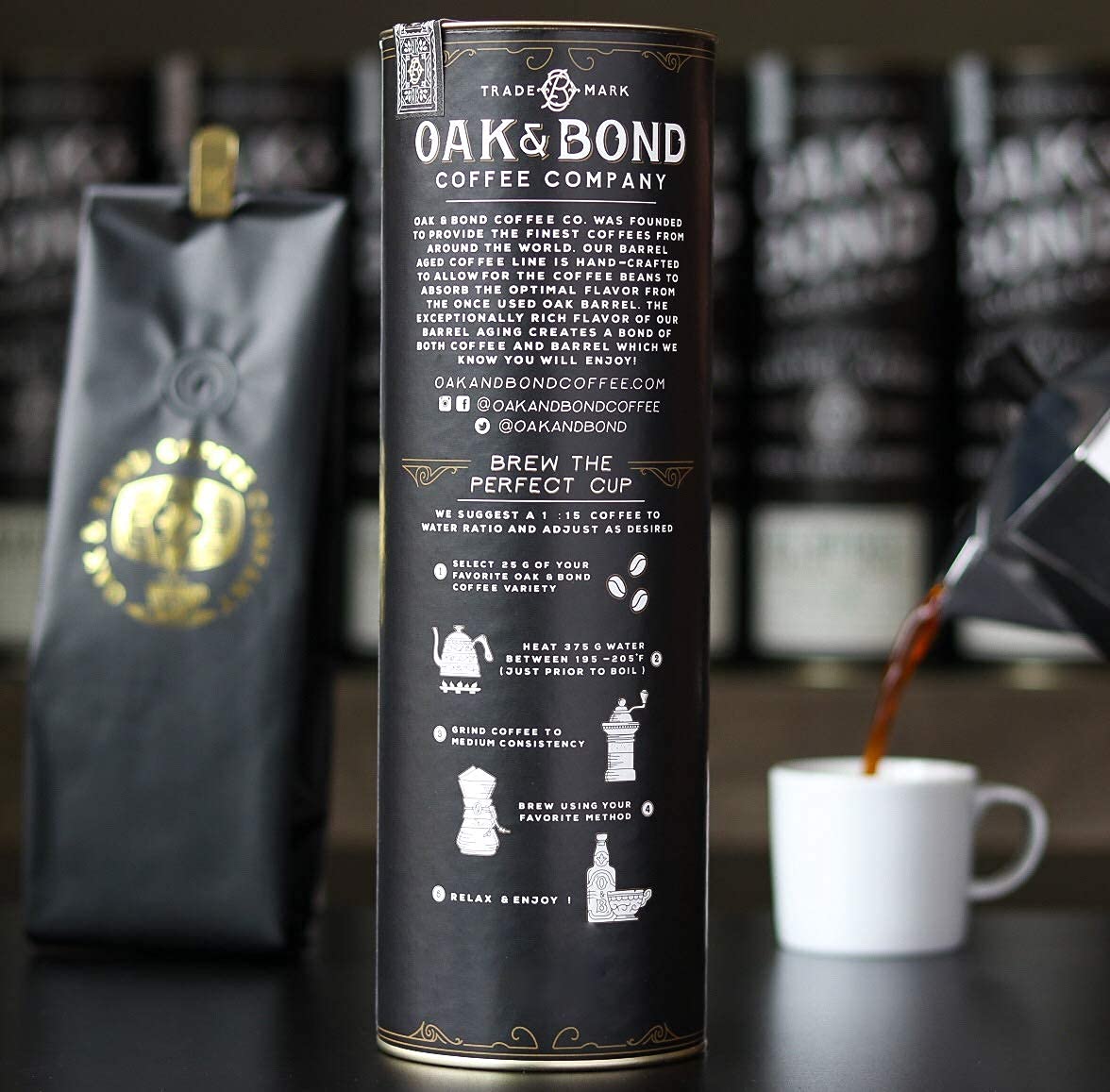 OAK & BOND Espresso spirit-inspired flavor Barrel Aged Coffee, Whole Bean Arabica, Dark Roast, 10oz, Black