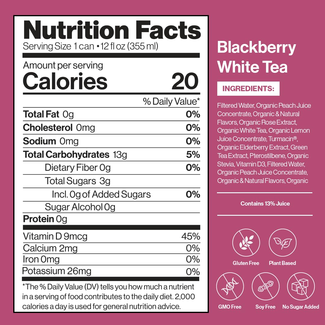 Happy Being Organic Blackberry Citrus White Tea, Turmeric & Elderberry Infusion, 12oz, 4 Pack, Caffeine-Free, Low Calorie, Plant-Based