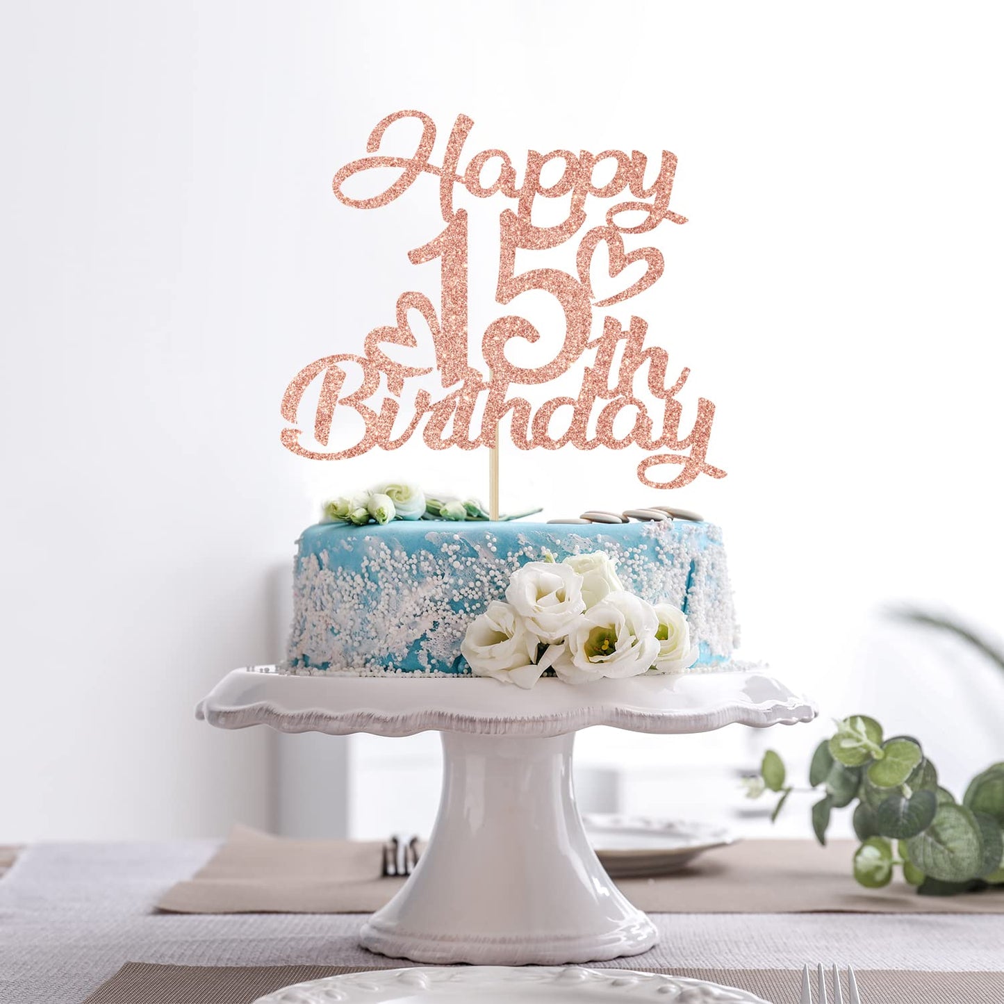 Unoggsor Rose Gold Glitter Happy 15Th Birthday Cake Topper - Hello 15, Cheers To 15 Years, 15 & Fabulous, 15Th Birthday/Annivers