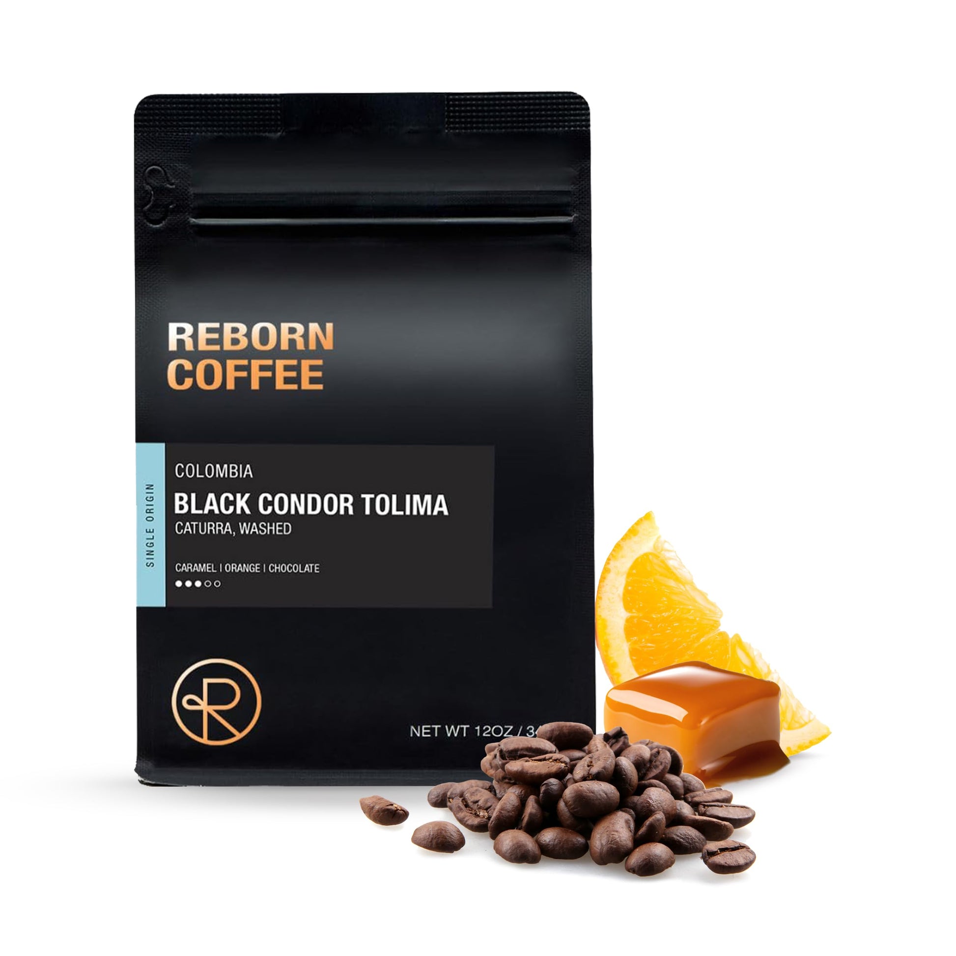 Reborn Coffee Specialty Whole Bean Coffee, Medium Roast, 12 Ounce, Colombia Black Condor Tolima, Flavor Notes of Chocolate, Nut, Citrus