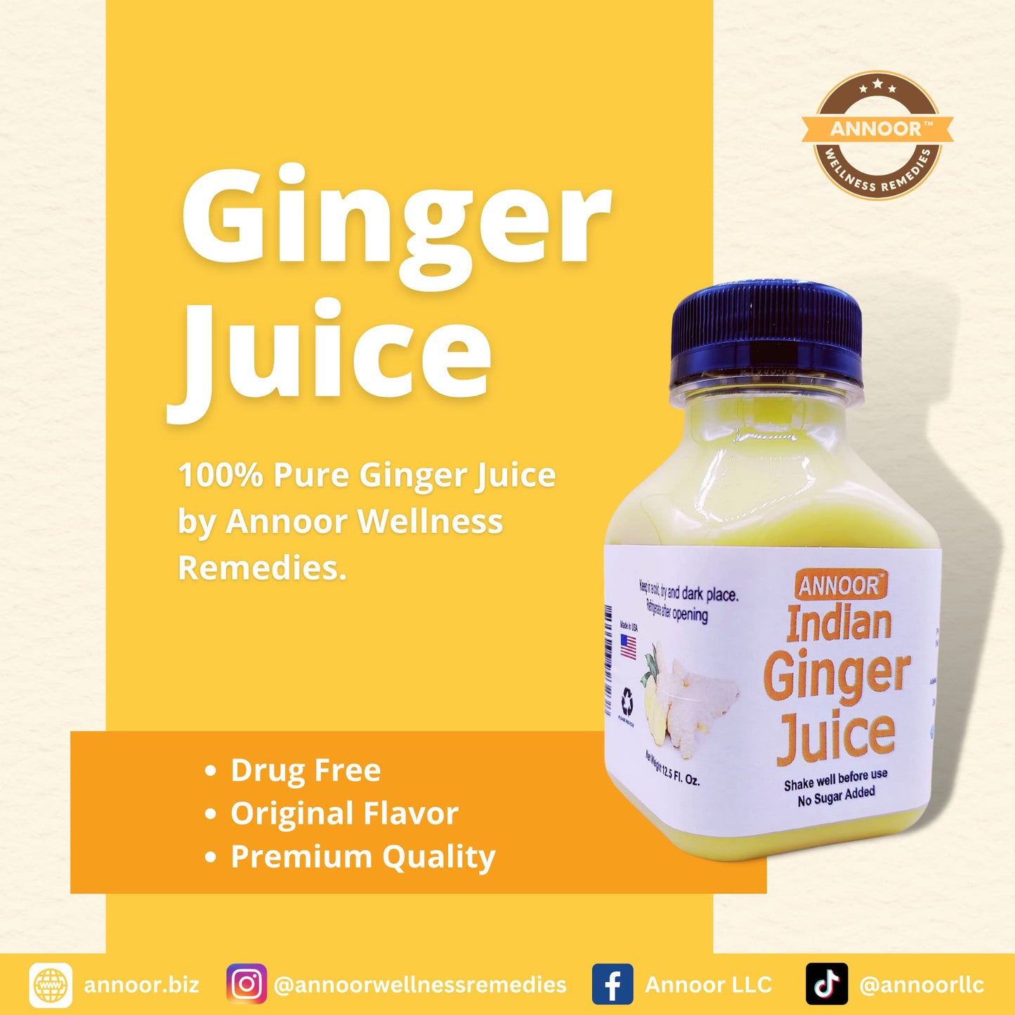 Annoor Ginger Juice - Raw, No Pulp, Strong Concentrate, 8.5 Fl Oz, Yellow