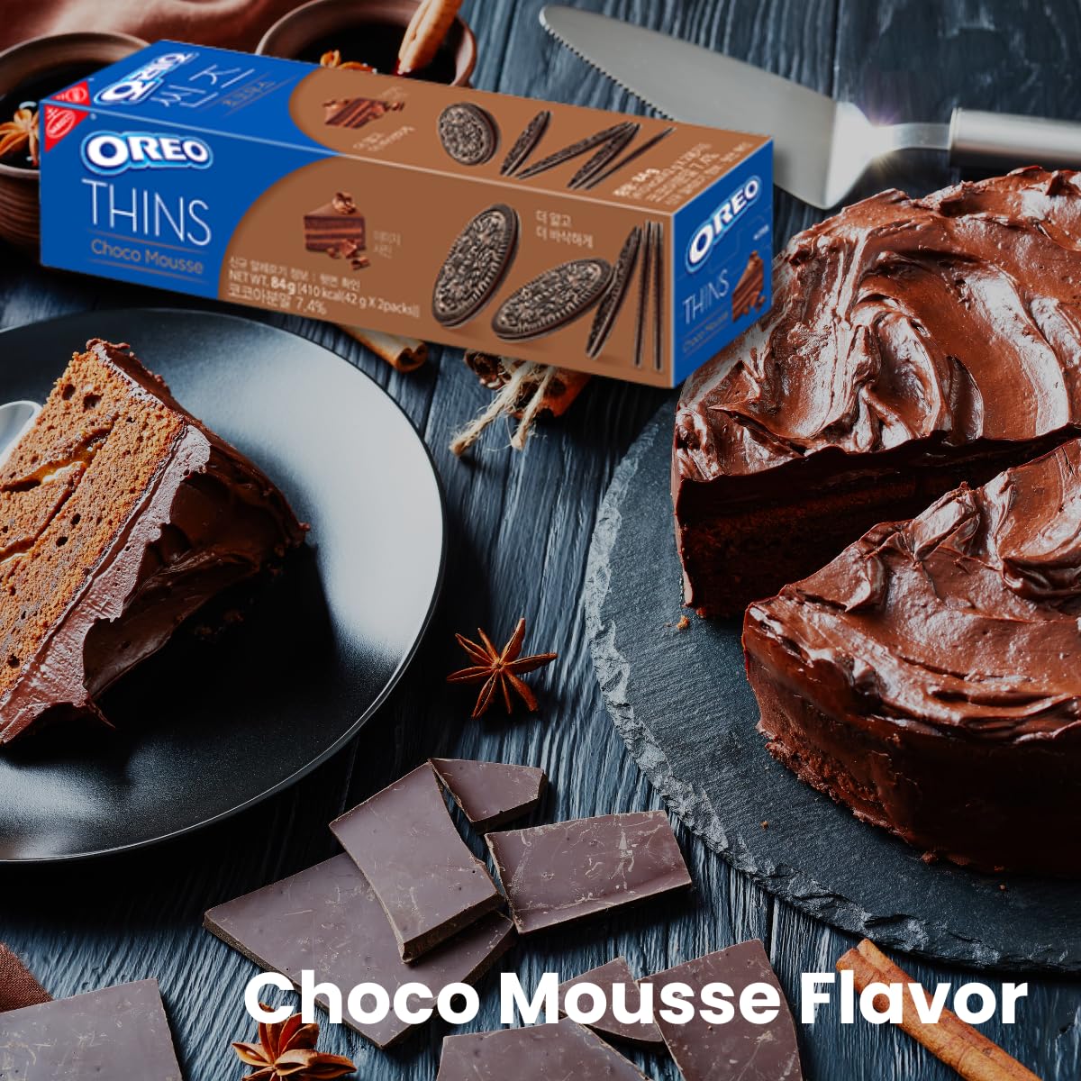 Korea Limited Edition - Oreo Thin Choco Mousse Cookies, Sandwich Crunchy Thin Between Chocolate Cream 2.96Oz Per Pack, Pack Of 4