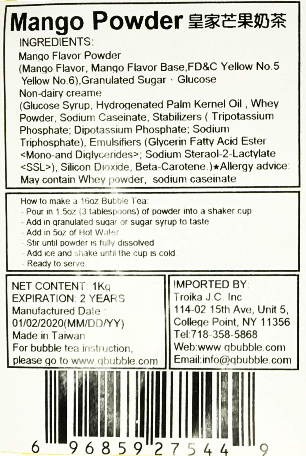 Qbubble Tea Powder, Mango, 2.2 Pound