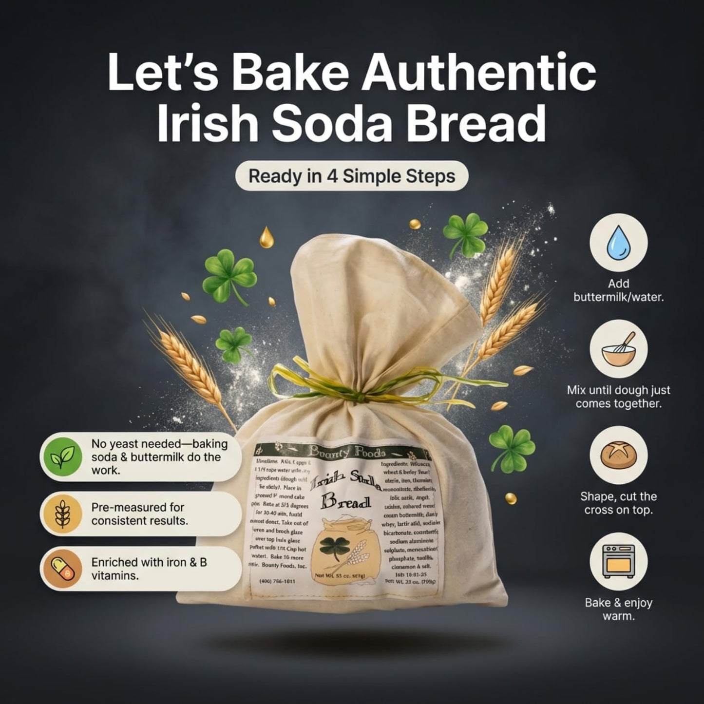 Bounty Foods Irish Soda Bread Mix 23 Oz – Handcrafted In Montana, Traditional Recipe, Rustic Artisan Quick Bread Kit In Western-Style Bag, Great For St. Patricks Day, Just Add Buttermilk Or Water