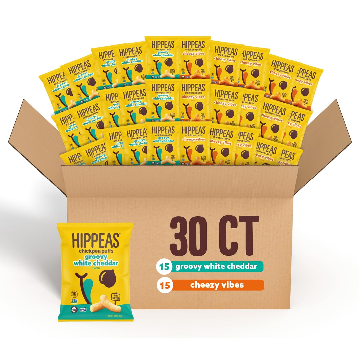 Hippeas Chickpea Puffs, Variety Pack: Vegan White Cheddar, Nacho Vibes, 0.8 Ounce (Pack of 30), 3g Protein, 2g Fiber, Vegan, Glu