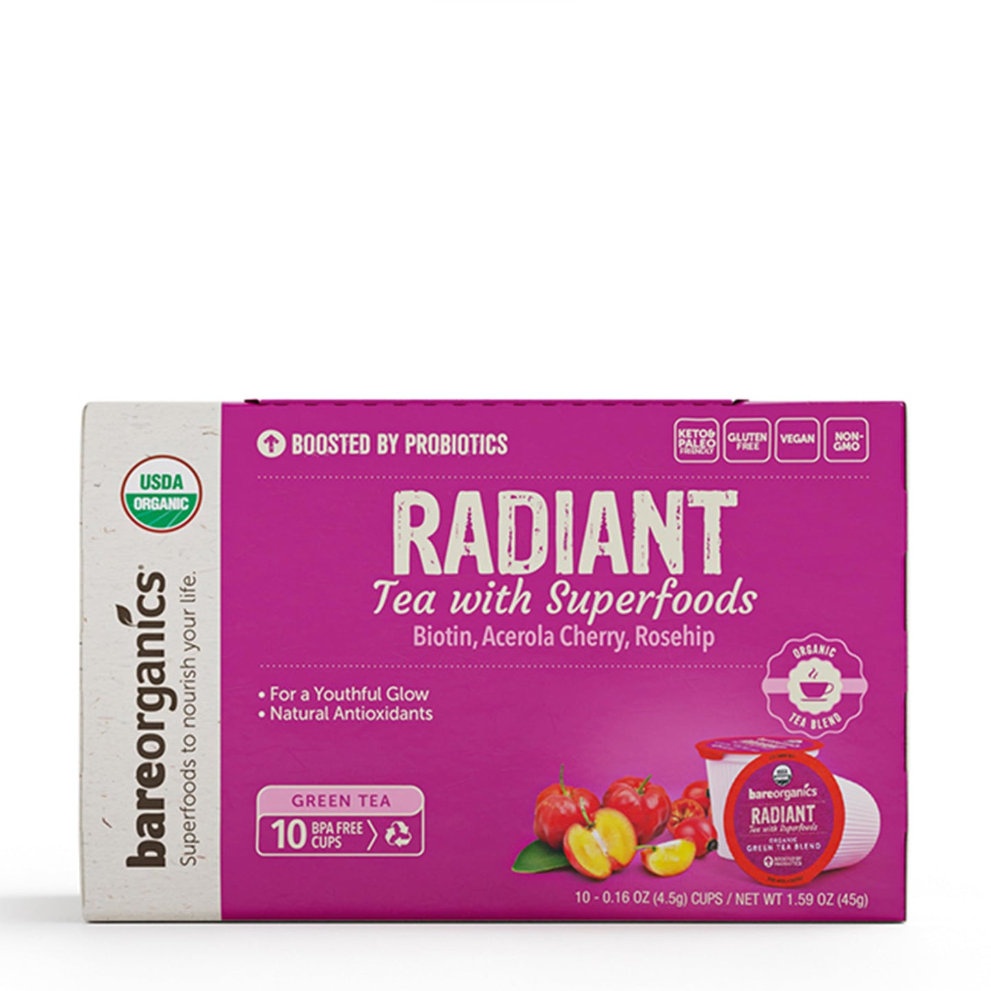 BareOrganics Radiant Tea withuperfoods & Probiotics | Compatible Tea Pods | USDA Certified Organic, Vegan, Non-GMO & Recyclable,