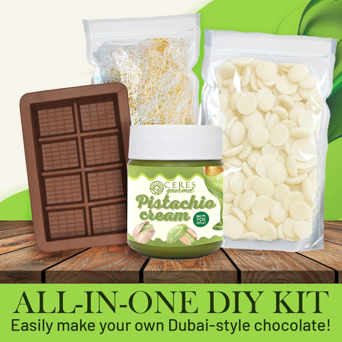Dubai White Chocolate Bar Diy Kit – Includes Reusable Mold, 12.3 Oz White Melting Wafers, 3.5 Oz Crunchy Kataifi, 7 Oz Pistachio Spread – Gourmet Gift Kit For Chocolate Lovers