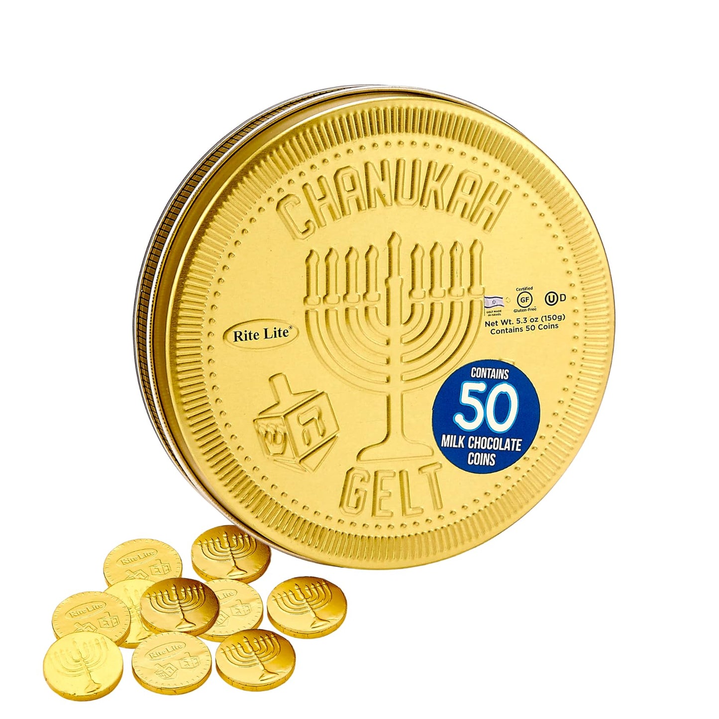 Hanukkah Chocolate Gelt Gold Collectible Tin With 3Gr  50 Gold Foiled Coins  Kosher Dairy Chanukah - Festive Jewish Holiday Party Favors Metal Tin Judaica Hostess Gifts Made In Israel 5.3Oz