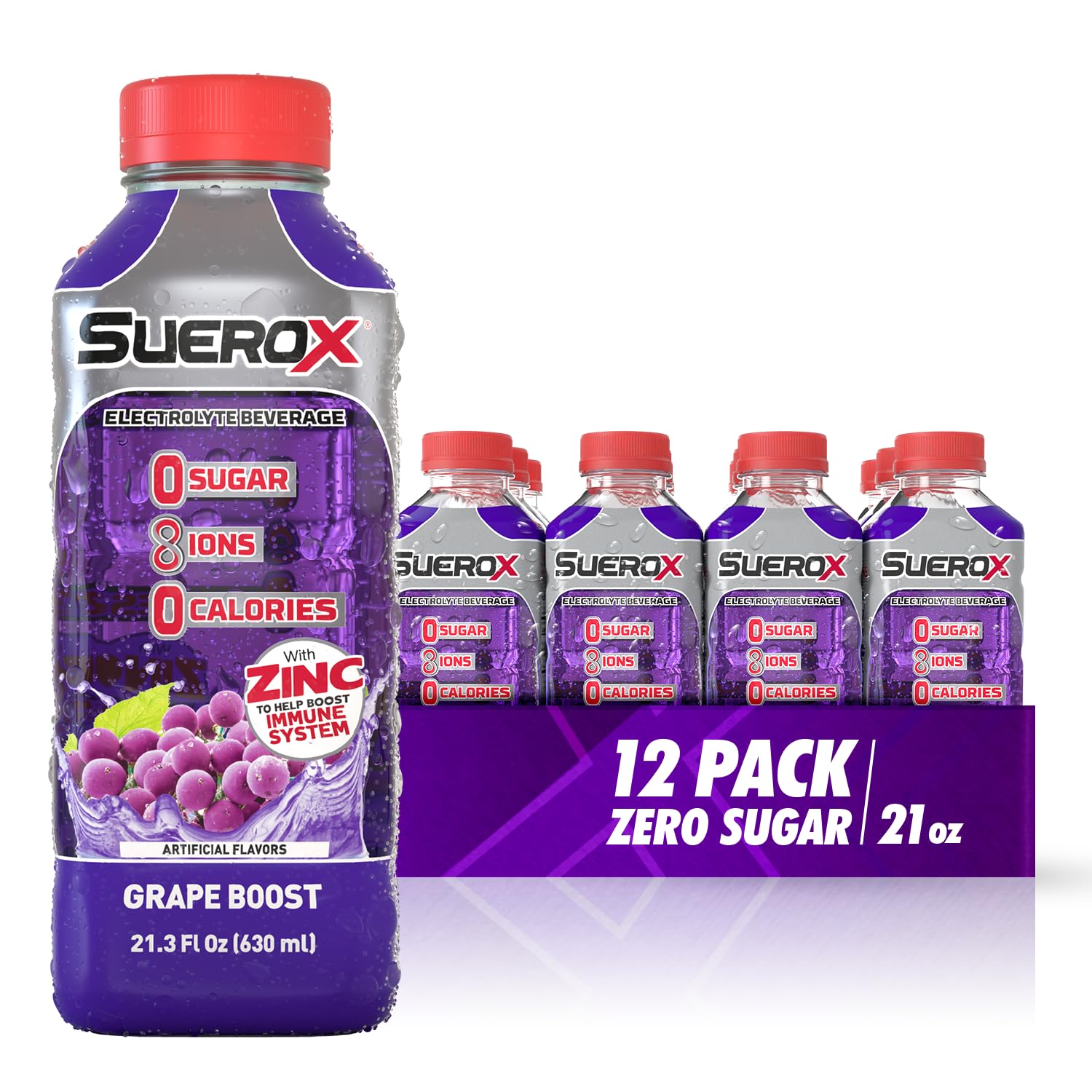 SueroX Zero Sugar Electrolyte Drink, Hydration & Recovery, 21.3 Fl Oz, Grape Boost, Pack of 12