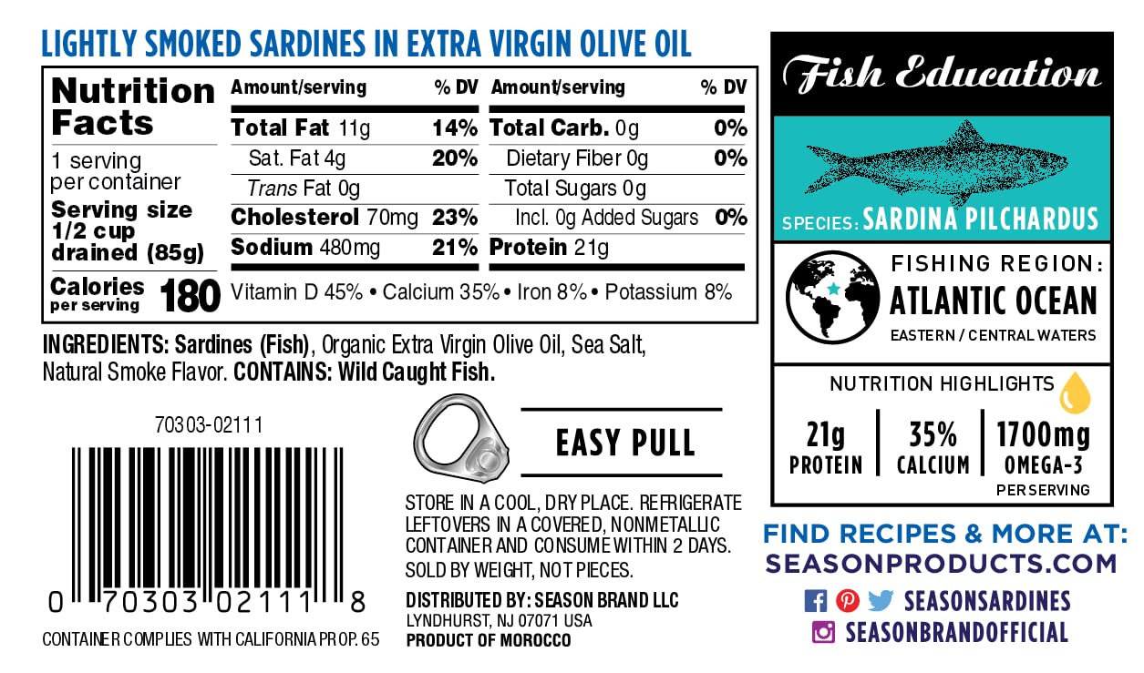 SEASON Sardines in Extra Virgin Olive Oil, Wild Caught, 52.44 Oz, 12-Pack, Lightly Smoked, High in Omega 3s, Kosher, Model SE