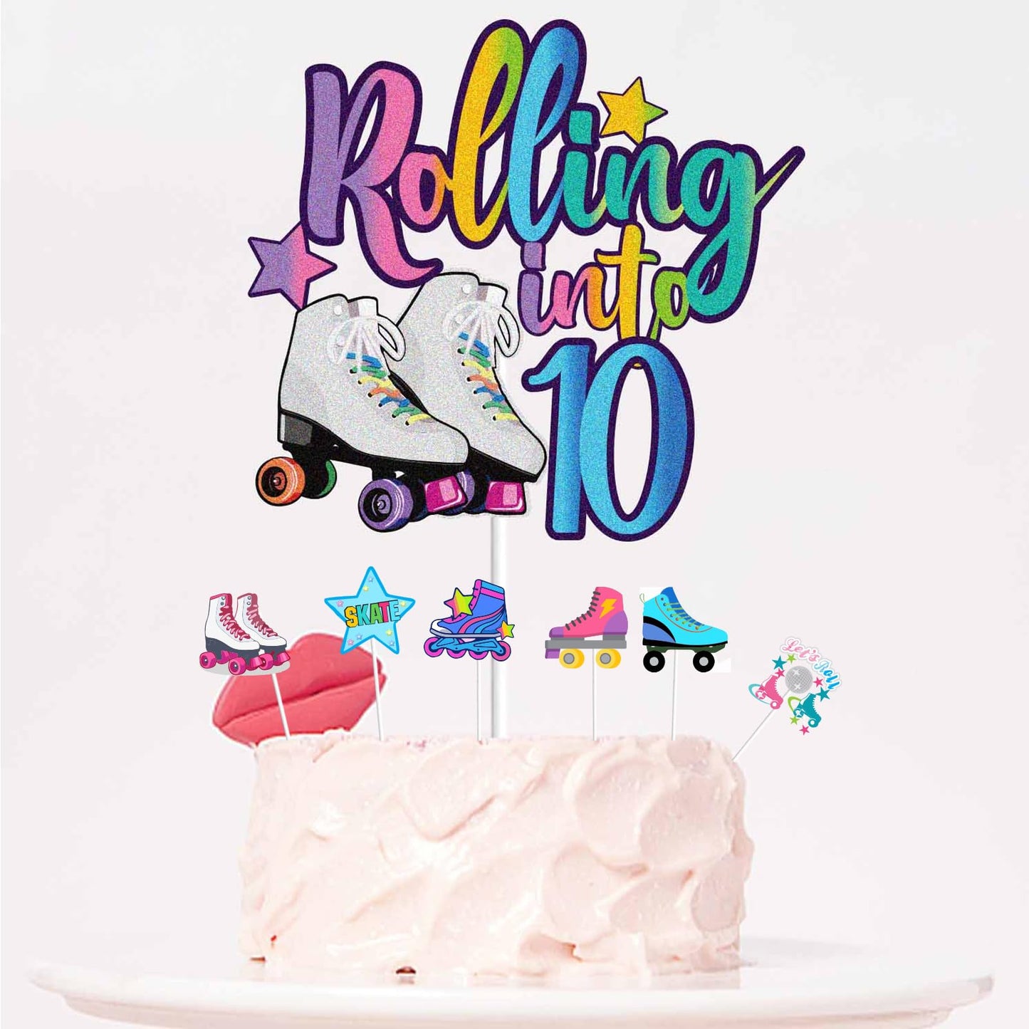 Winpogee 7Pcs Rolling Into 10 Theme Cake Toppers Sets Roller Skate Happy 10Th Birthday Themed Set Cake Decoration Girls Club Rol