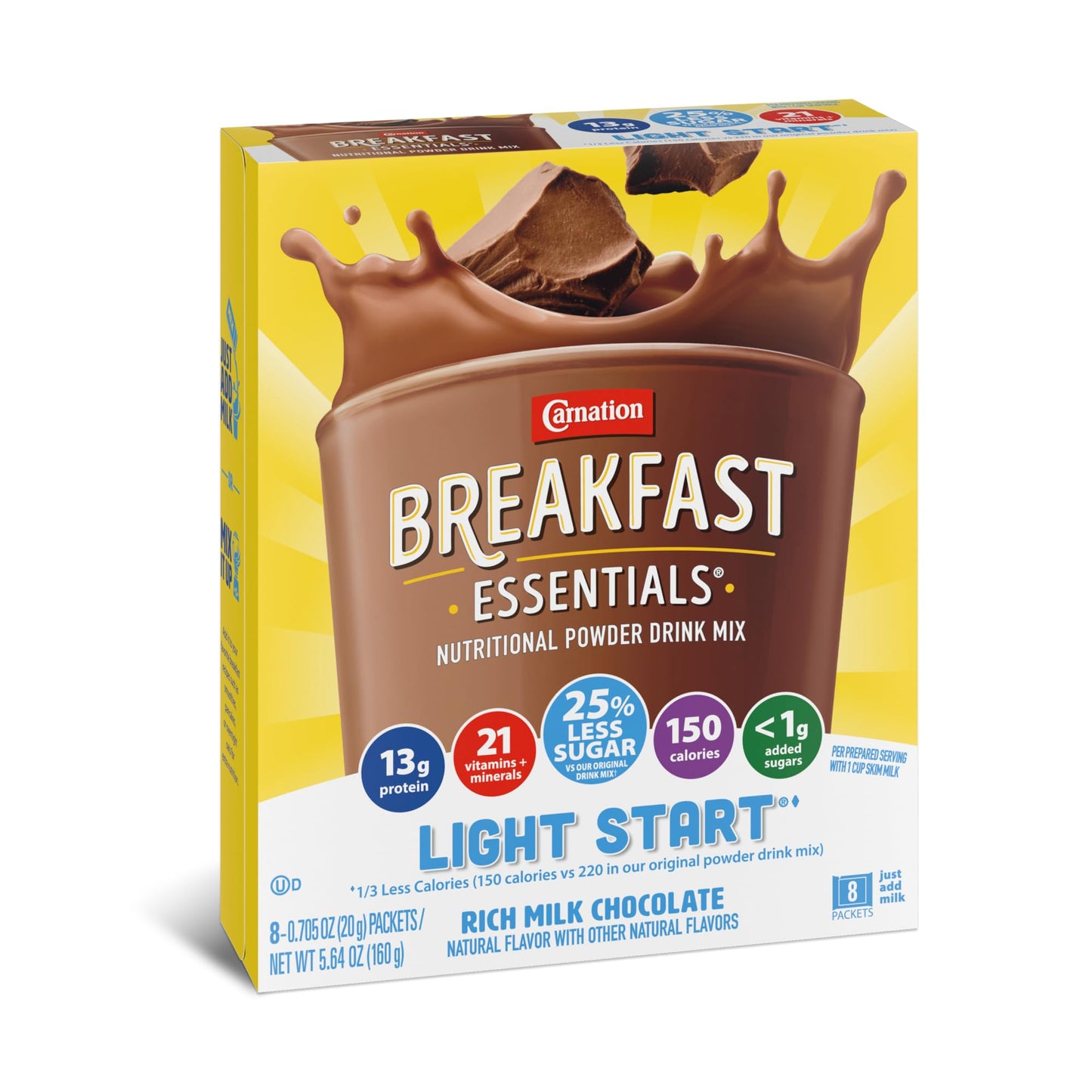 Carnation Breakfast Essentials Light Start Nutritional Powder Drink Mix Rich Milk Chocolate, 8 Count Box of 0.705 oz Packets (Pa