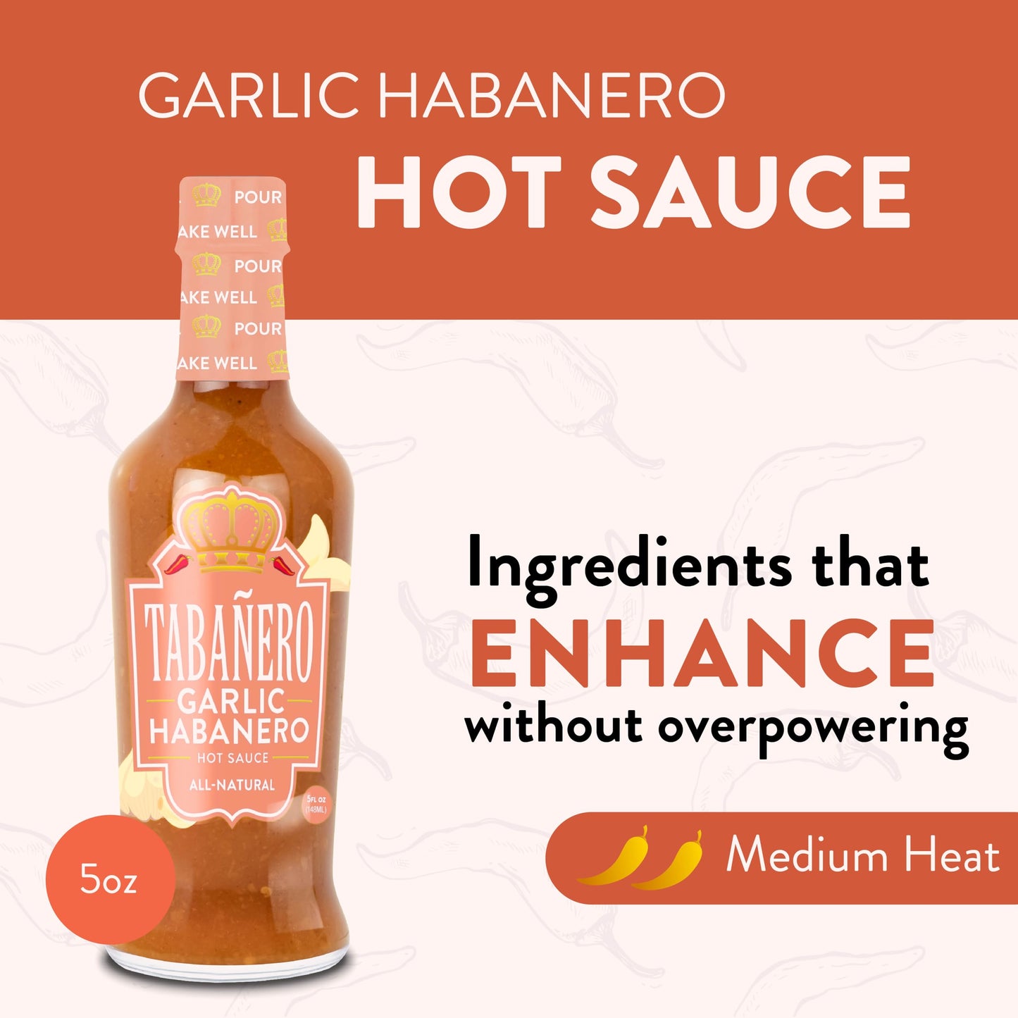 Tabanero Garlic Habanero Hot Sauce, All Natural, Low Sodium, 5 oz Glass Bottle