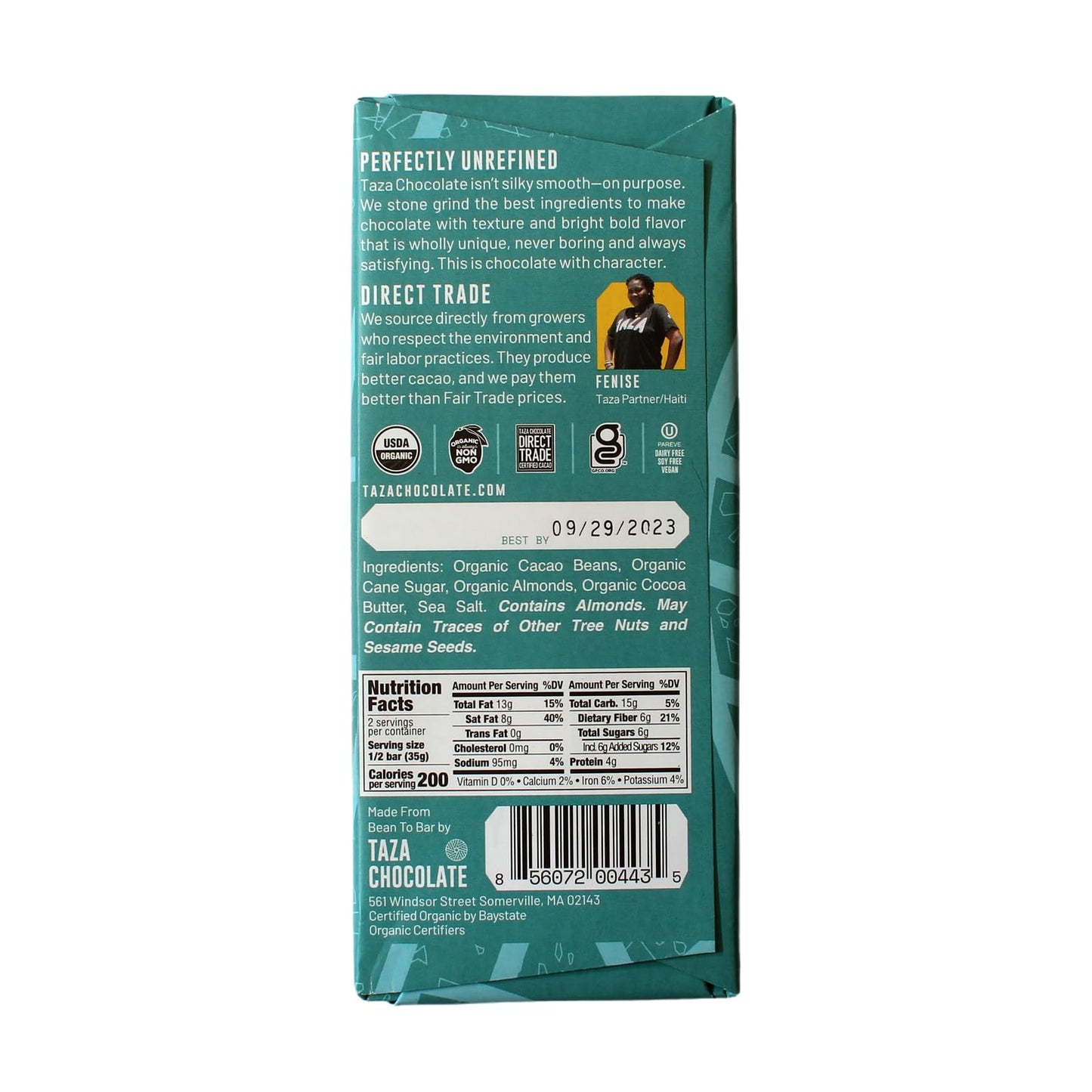 Taza Chocolate Organic Amaze Bar 80% Stone Ground, Sea Salt Almond, 2.5 Ounce (6 Count), Vegan