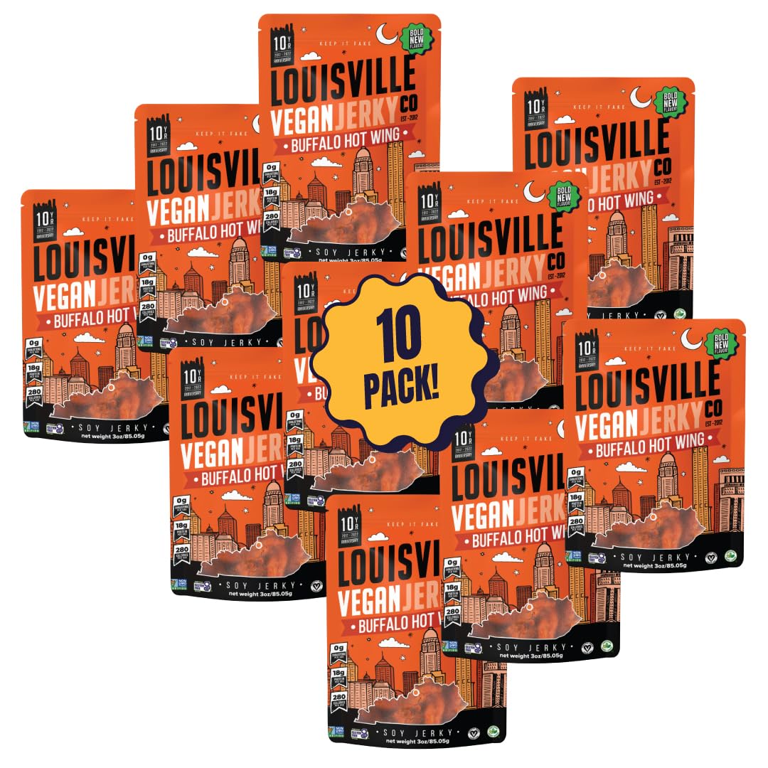 Louisville Vegan Jerky Buffalo Hot Wing - Gluten-Free High Protein Vegan Snacks, 3 oz, 10 Pack