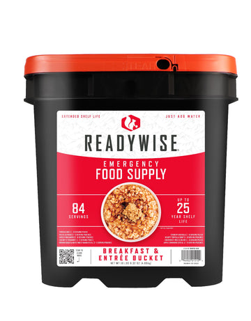 Readywise 84-Serving Breakfast & Entr  E Emergency Food Bucket, Premade Freeze Dried Meals For Camping, Hiking, 25 Year Shelf Li