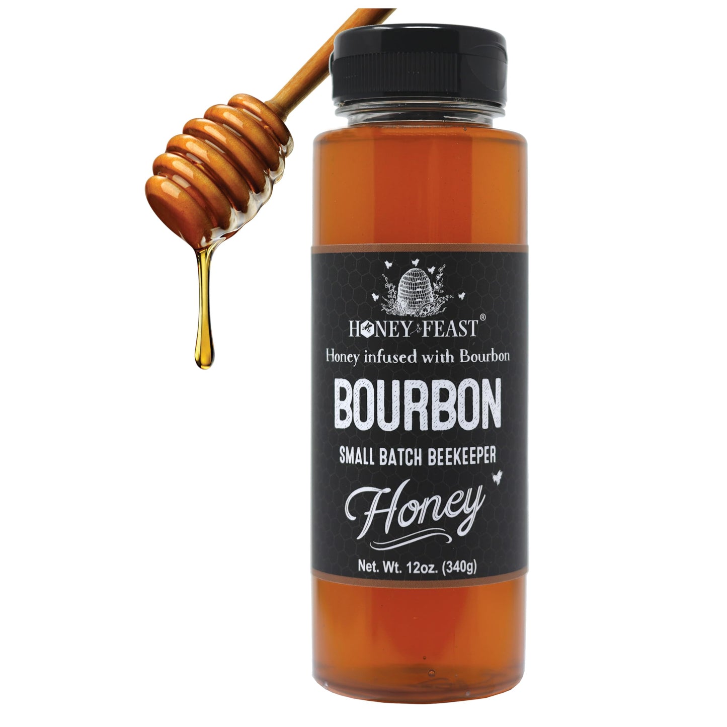 Honey Feast Bourbon Honey - Artisanal Raw Honey, 12 Ounce, Bourbon-Infused, Ideal for Enthusiasts & Gourmets