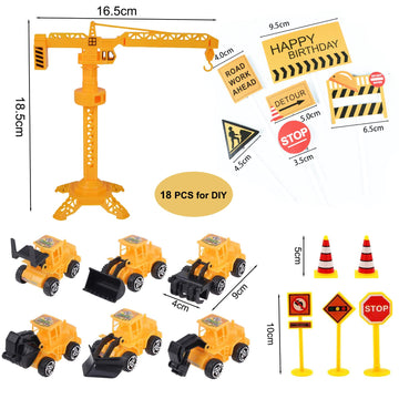 Nevperish 18 Pcs Construction Cake Toppers Vehicles Cake Decoration Set Excavator Tower Crane Cupcake Topper Traffic And Road Si