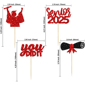Gyufise 24Pcs Red Glitter Senior Of 2025 Graduation Cupcake Toppers You Did It Congrats Grad 2025 Diploma Cap Cupcake Picks Clas