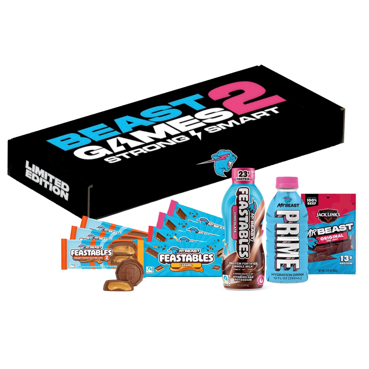 Feastables Beast Games Season 2 Bundle  Mrbeast Snacks Variety Pack With Chocolate Bars And Cups  Protein Milk  Hydration Drink  And Beef Jerky  Gift Basket For 18+ Uses And Kids  10 Count Snack Box