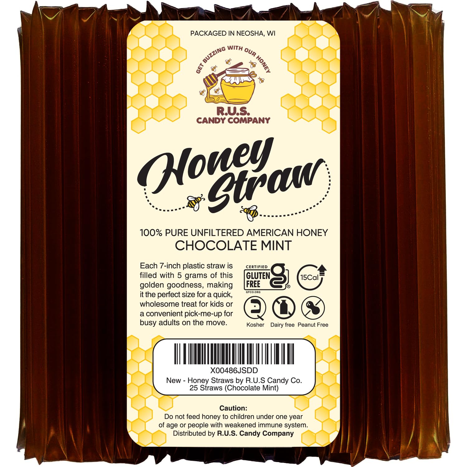 R.U.S. Candy Honey Sticks Pack of 25, Natural Flavor, Single Serve Stir Sticks for Tea and Snacking