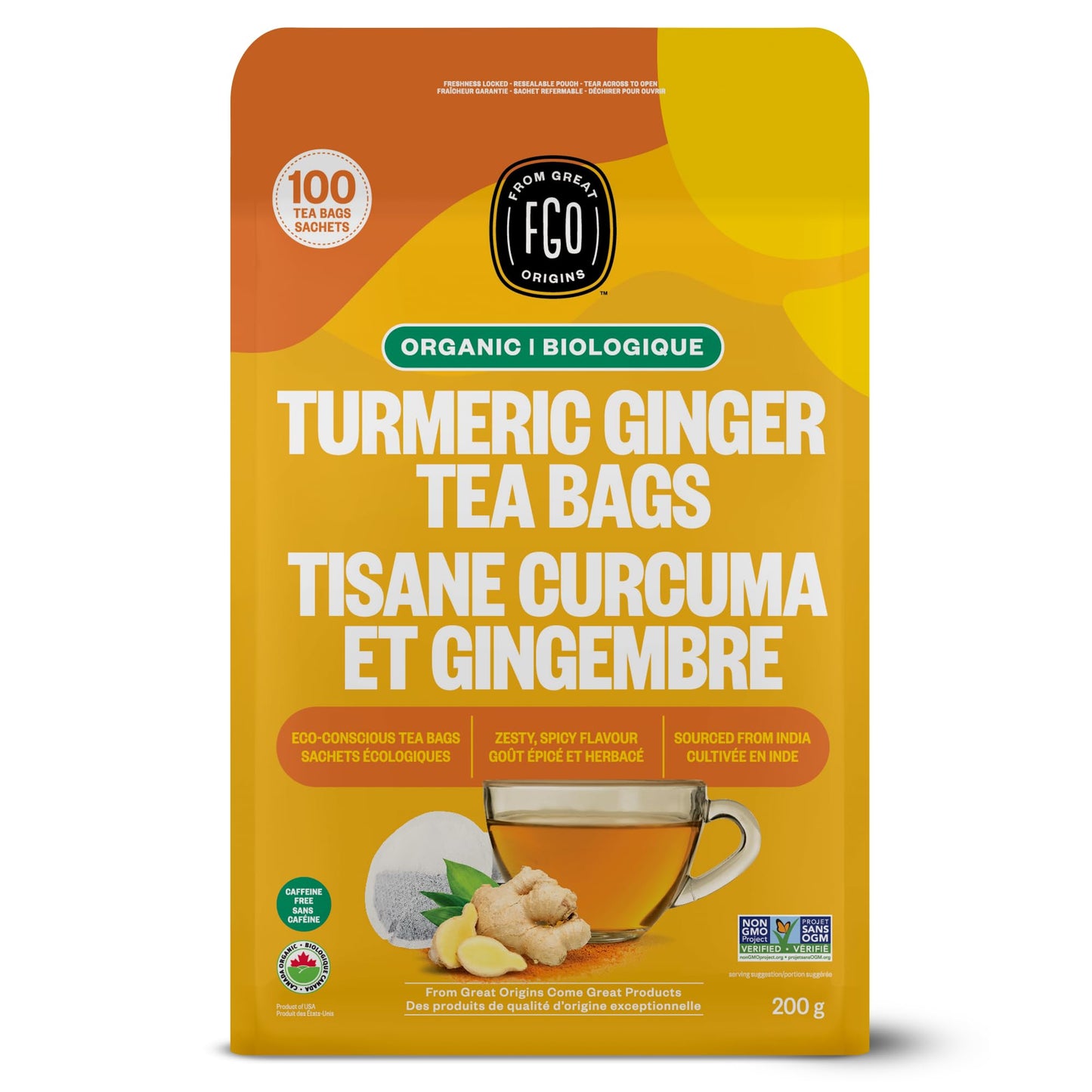 Fgo Organic Turmeric Ginger Tea, Eco-Conscious Tea Bags, 100 Count, Packaging May Vary (Pack Of 1)