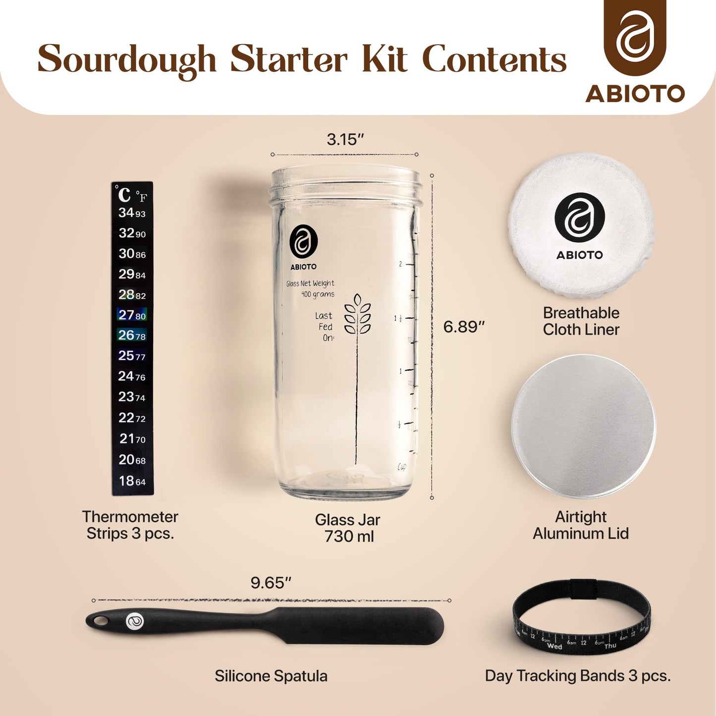 ABIOTO Sourdough Starter Kit  Includes 24 oz Sourdough Starter Jar with Metallic Lid  Silicone Spatula  Feeding Tracker  Extra Thermometer Strips & Breathable Covers - Sourdough Bread Starter Kit