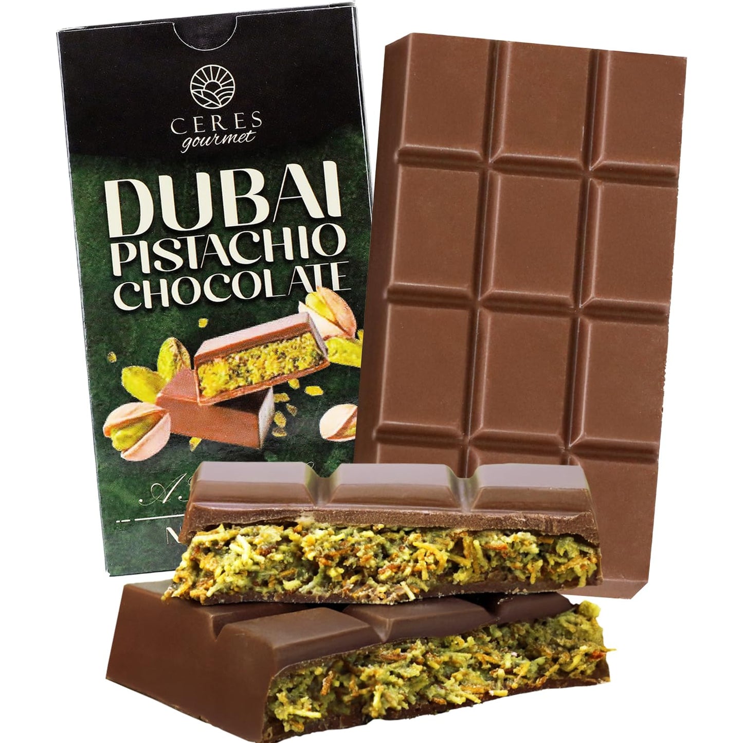 Ceres Gourmet Dubai Pistachio Chocolate Bar – Knafeh-Inspired Milk Chocolate, 2.3 oz (65 g), Mini Size, Crunchy Kataifi & Pistachio-Filled