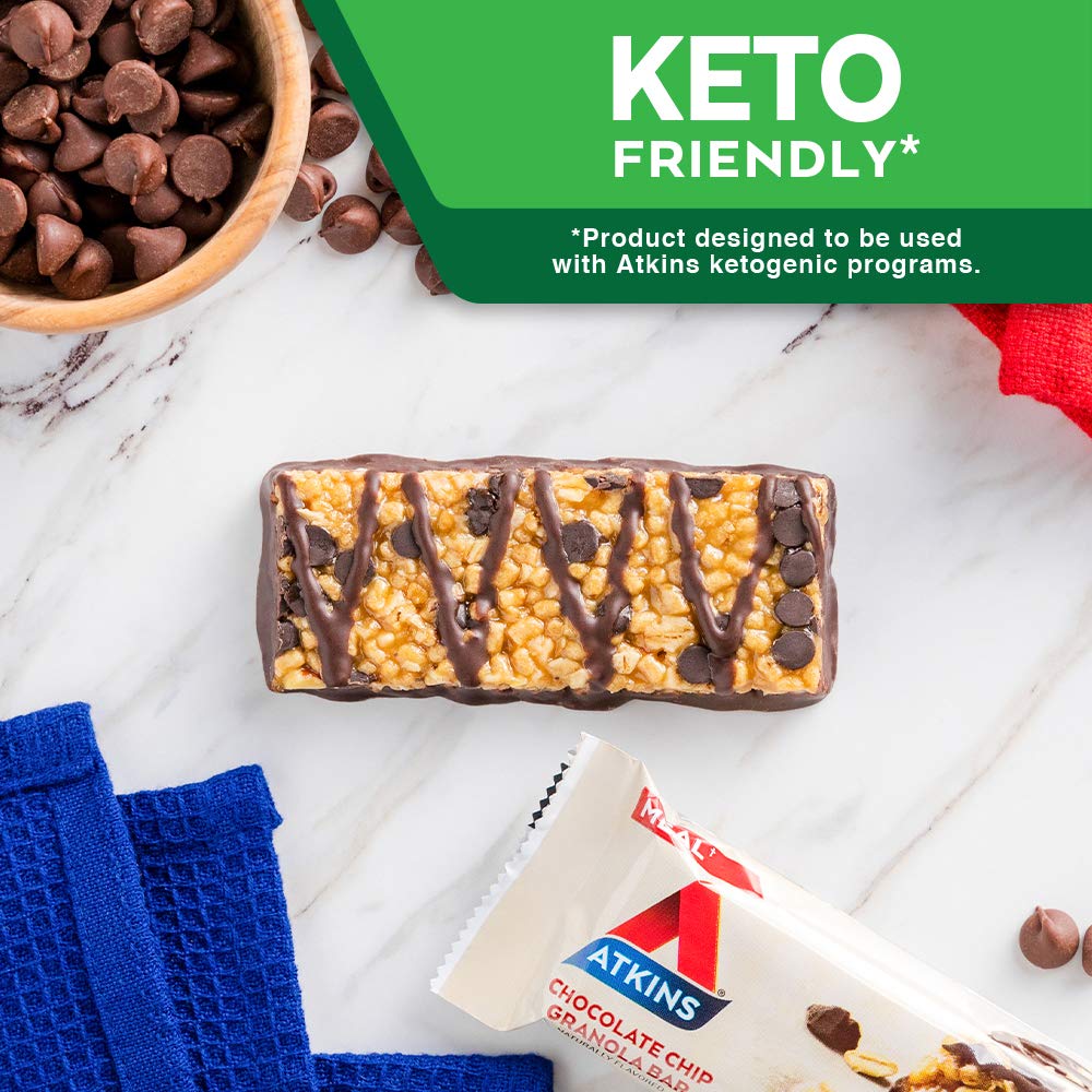 Atkins Chocolate Chip Granola Protein Meal Bar, High Fiber, 17g Protein, 1g Sugar, 3g Net Carbs, Meal Replacement, Keto Friendly