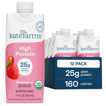 KATE FARMS Organic High Protein Strawberry Nutrition Shake  25g Protein  6g Fiber  27 Vitamins and Minerals  0g Sugar  Protein Drink  11 oz (12 Pack)