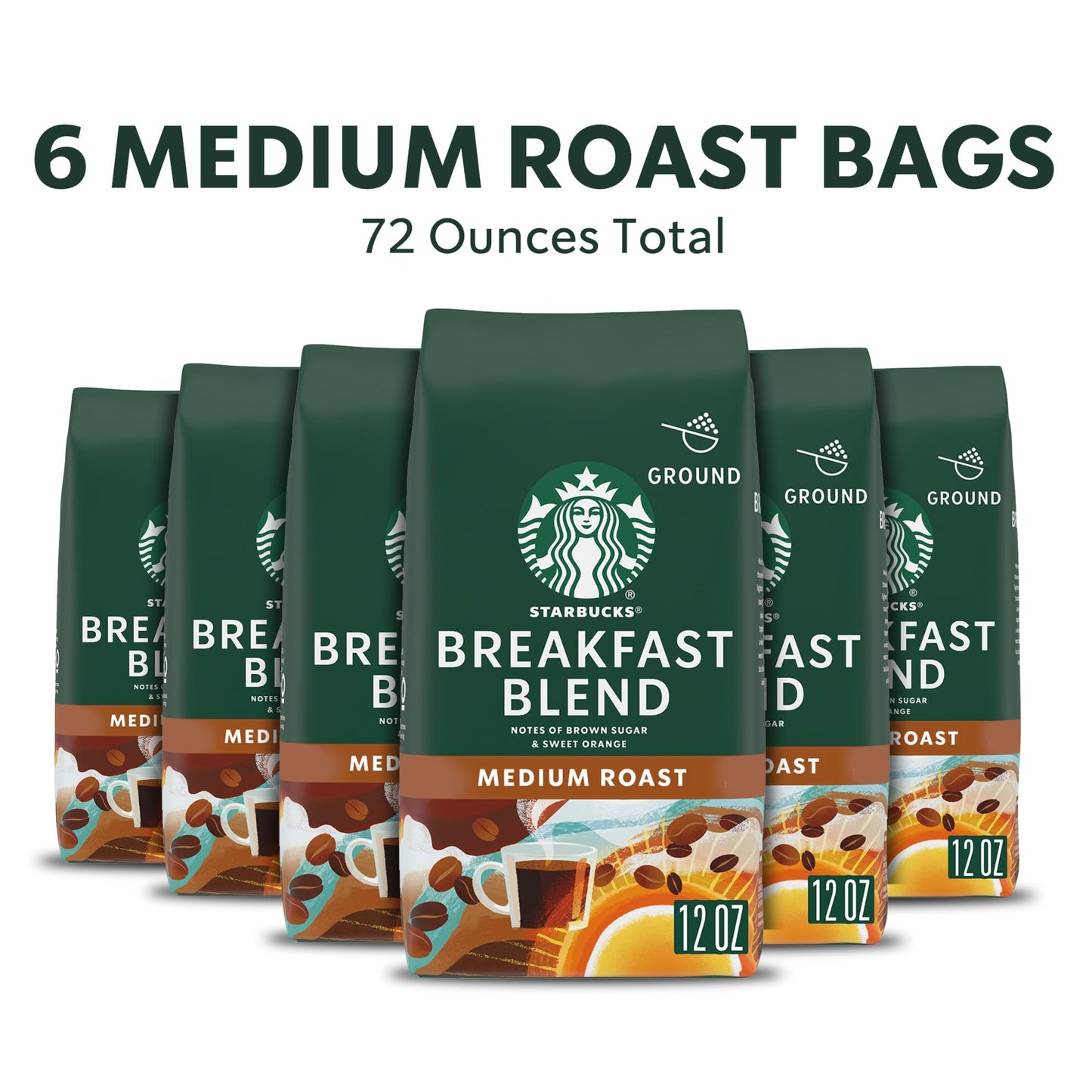 Starbucks Ground Coffee Breakfast Blend, Medium Roast, 12 oz each, Pack of 6, 100% Arabica