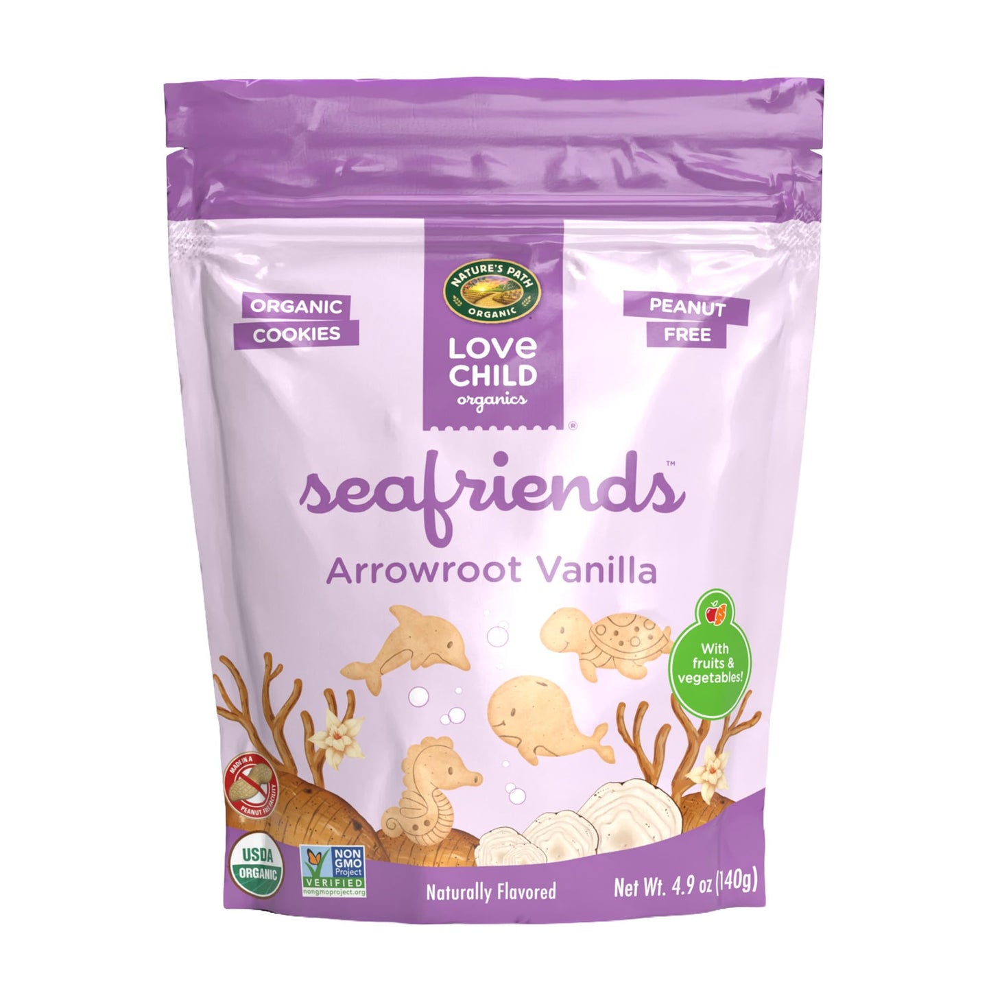 Love Child Organics Sea Friends Arrowroot Vanilla Cookies, 4.9 oz (Pack of 1), Non-GMO, by Natures Path