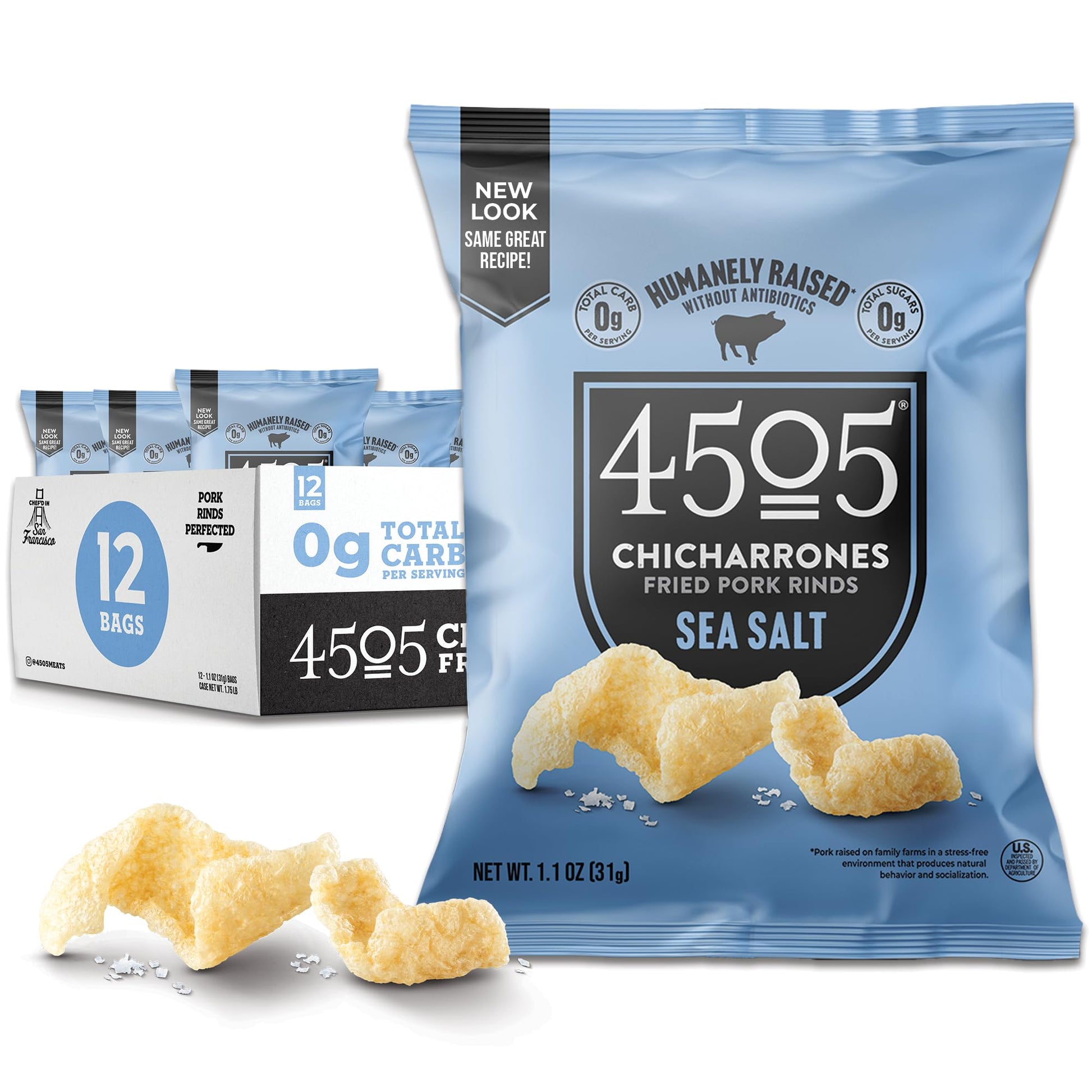 4505 Meats Pork Rinds, Sea Salt, 1.1 Oz (Pack of 12), Natural Flavor
