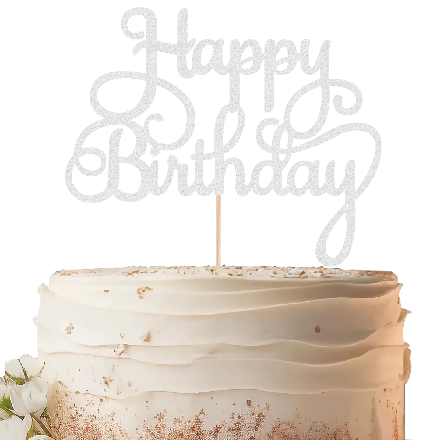 EONNCNT Happy Birthday Cake Topper Silver Glitter Decoration - MOUCCT-HB