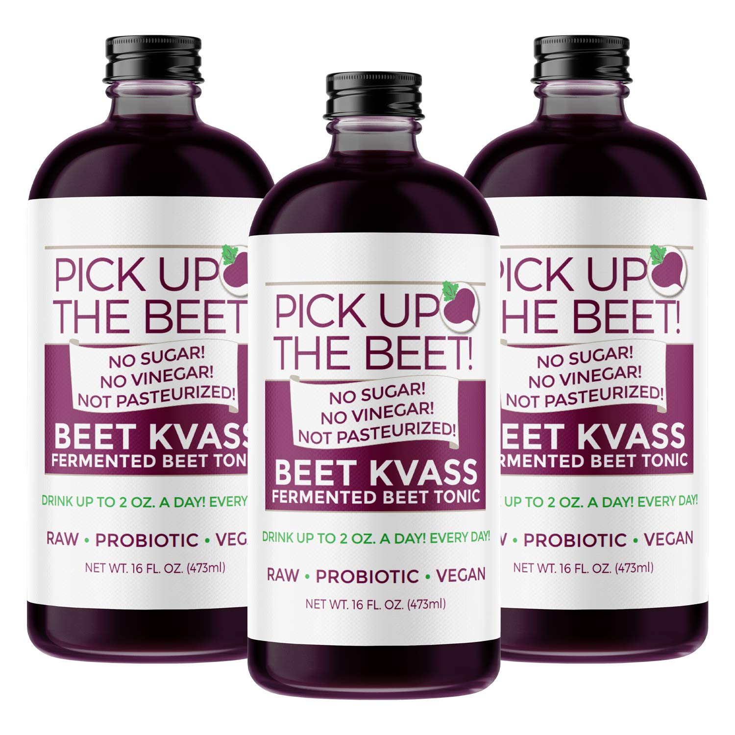 Pick Up The Beet Organic Beet Juice Beet Kvass, 48 Oz (3 x 16 Oz Bottles), Sugar-Free, Nitric Oxide Superfood for Circulation