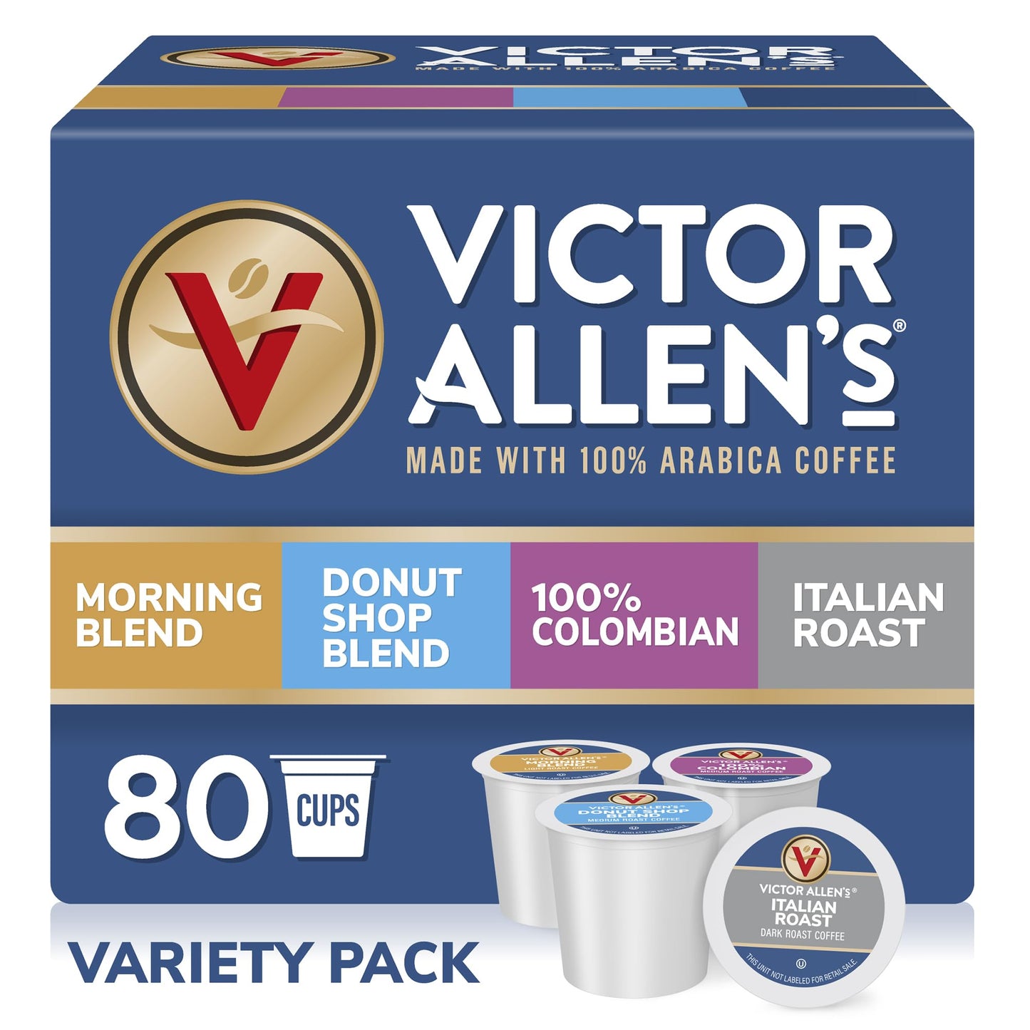 Victor Allens Coffee Variety Pack - 80 Count Single Serve Pods for Keurig - Morning Blend, 100% Colombian, Donut Shop, Italian Roast