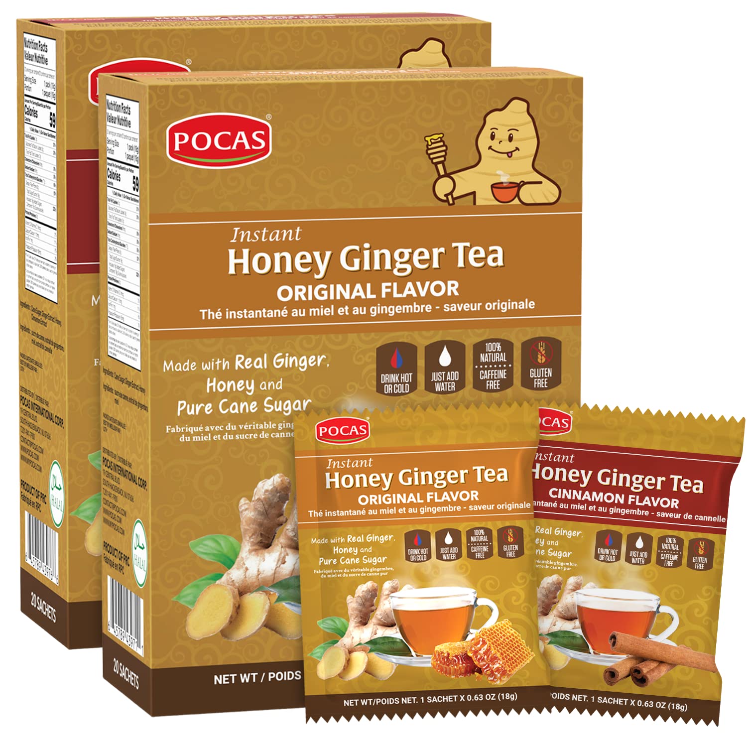Pocas Honey Ginger Tea Variety Set - Instant Tea Powder, Non-GMO, Gluten Free, Caffeine Free, 40 Piece Assortment, Original & Cinnamon Flavors