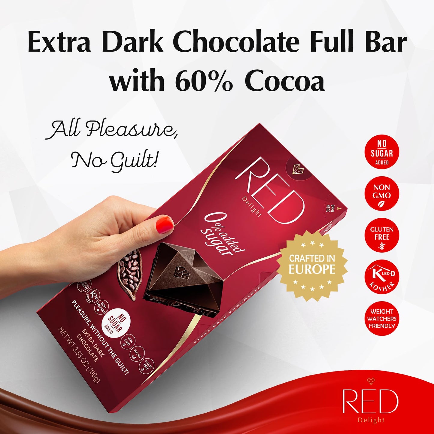 Red Delight Extra Dark Chocolate Bars - Keto-Friendly Vegan Snack - 3.53 oz, Pack of 8 - Gluten-Free, No Added Sugar