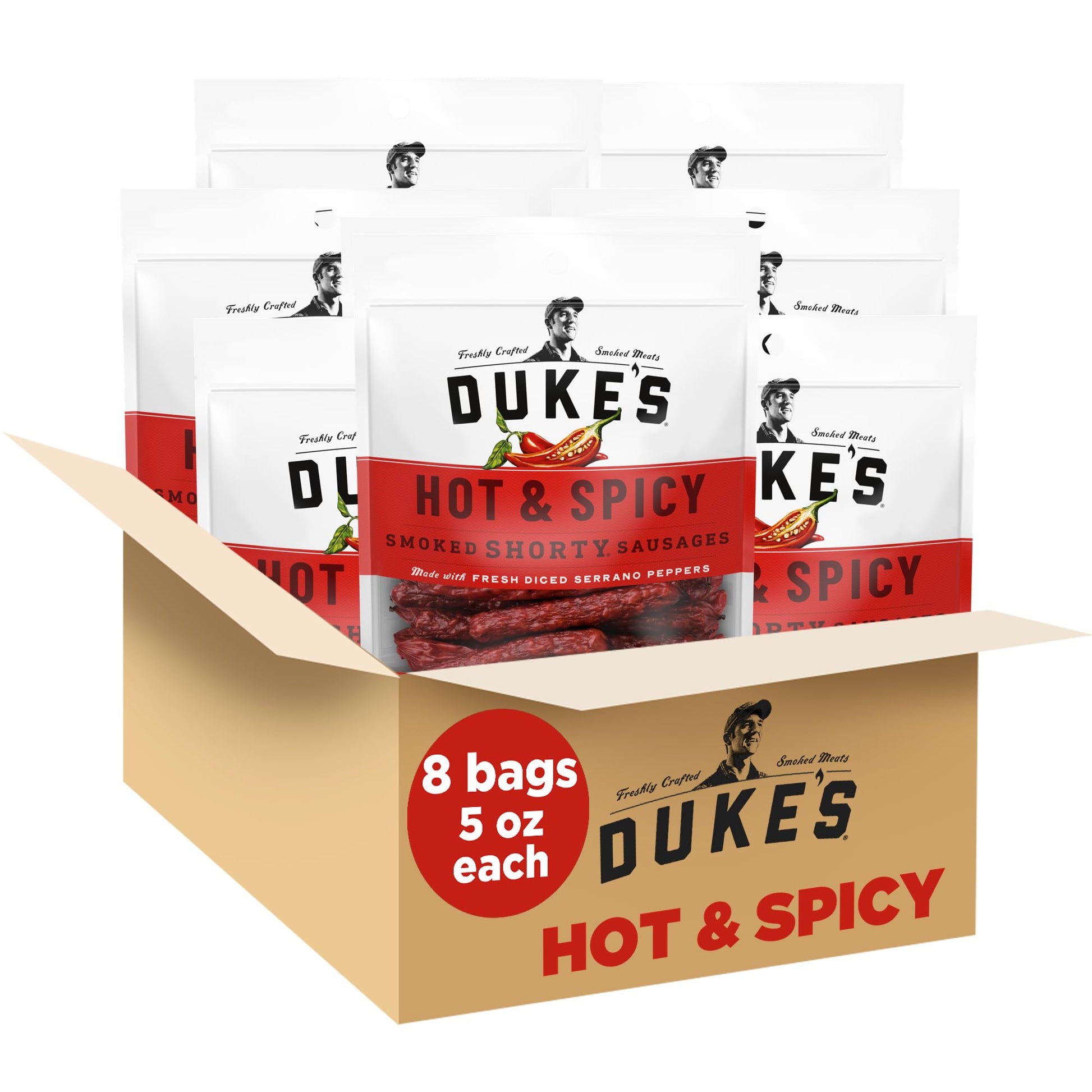 DUKES Hot & Spicy Smoked Shorty Sausages, Keto Friendly, 5 oz, Pack of 8