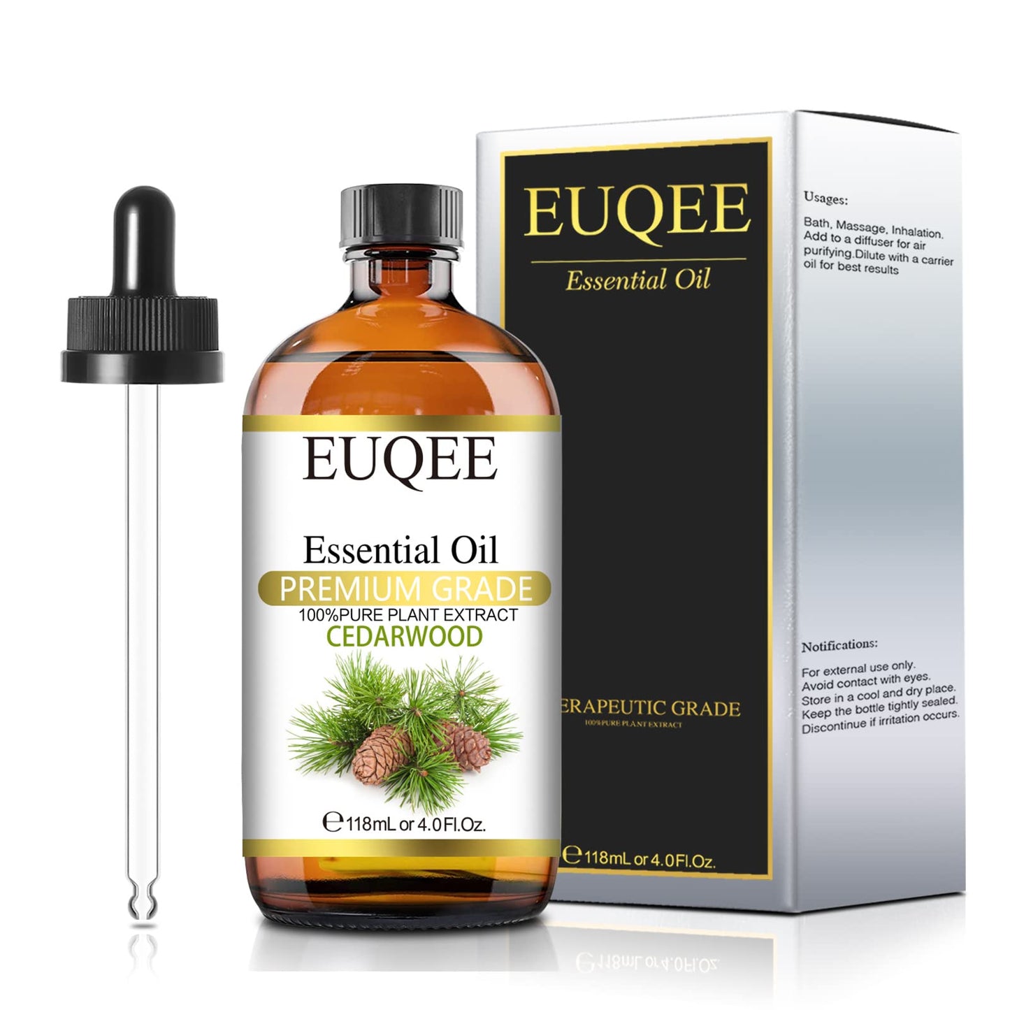 Euqee Cedarwood Essential Oil 118Ml/4Oz Pure Cedarwood Oil Premium Essential Oil For Diffuser, Humidifier, Skin Care With Glass 